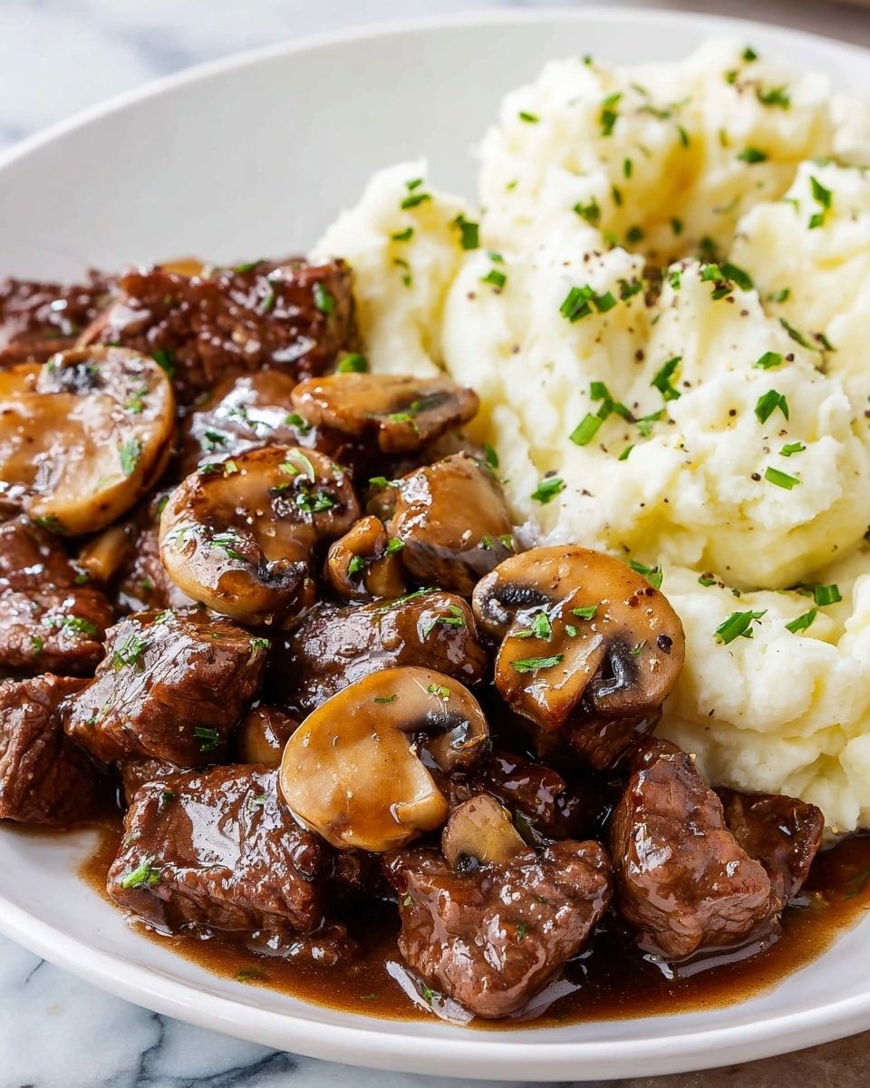 A white plate holds a serving of dark brown, glossy beef pieces cooked with sliced light brown mushrooms, all topped with small bits of green herbs. The beef and mushrooms are covered in a shiny, rich brown sauce. To one side, there is a large portion of creamy white mashed potatoes with small green herb pieces sprinkled on top, showing a soft and smooth texture. The background is a white marbled surface. photo taken with an iphone --ar 4:5 --v 7