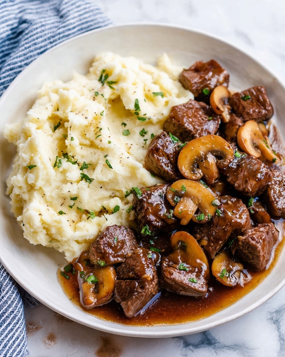 The image shows a white plate with two layers of food: on one side, there is a serving of creamy mashed potatoes that are white with a slightly lumpy texture, sprinkled with small bits of green herbs; on the other side, there is a layer of cooked beef chunks and sliced mushrooms in a rich brown sauce, garnished with small green herb pieces. The beef looks tender with a shiny, glazed surface while the mushrooms are light brown and soft. The plate is set on a white marbled texture with a corner of a blue and white striped cloth visible. photo taken with an iphone --ar 4:5 --v 7