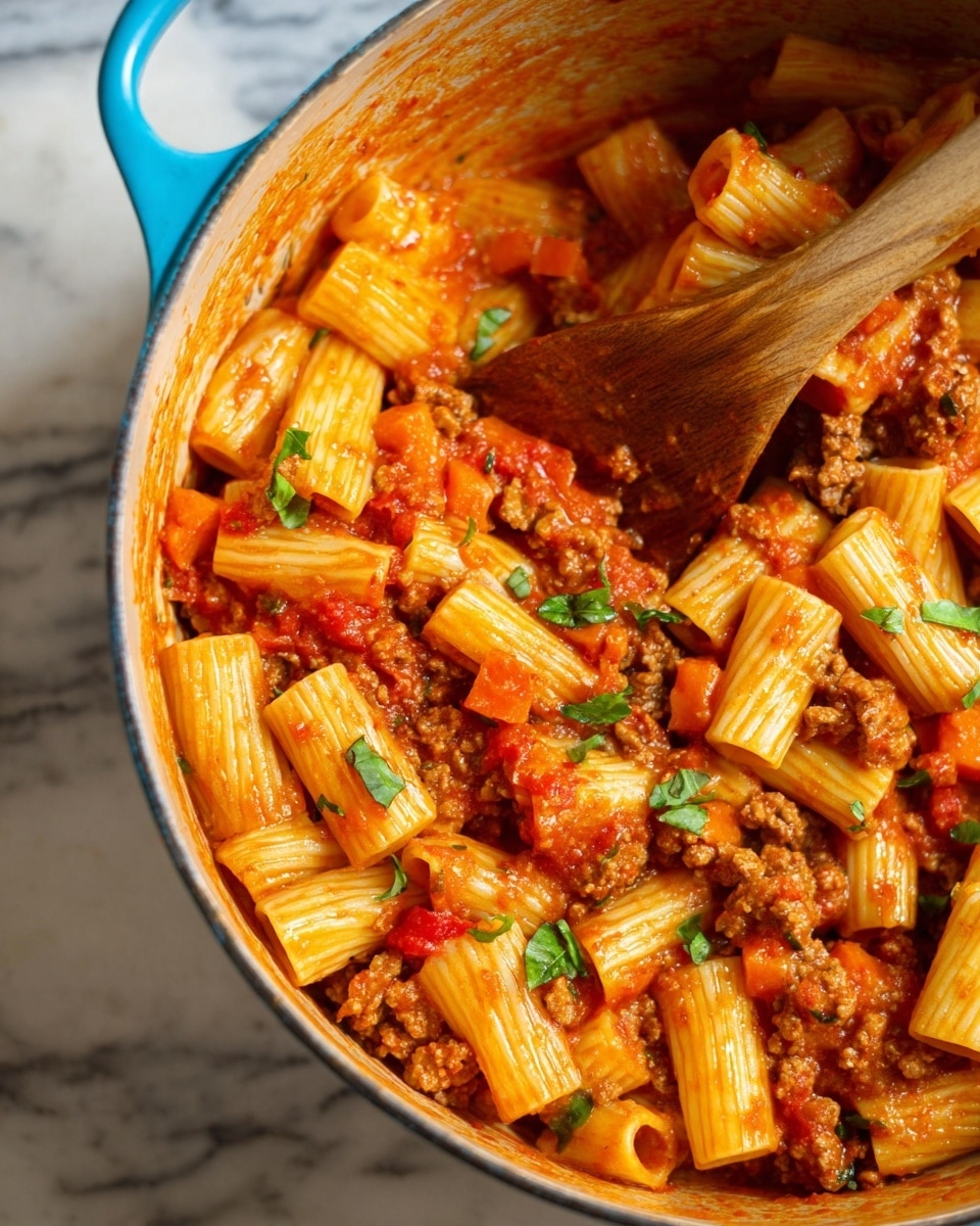 The image shows a close-up of a pot filled with rigatoni pasta mixed with red tomato sauce, small chunks of cooked ground meat, and diced orange carrots. The pasta tubes are a light golden yellow with ridges and are coated in the rich sauce. Small pieces of green basil garnish are scattered on top, adding color contrast. A wooden spoon with a reddish sauce stain rests inside the pot. The pot has a blue handle and is placed on a white marbled surface. Photo taken with an iphone --ar 4:5 --v 7