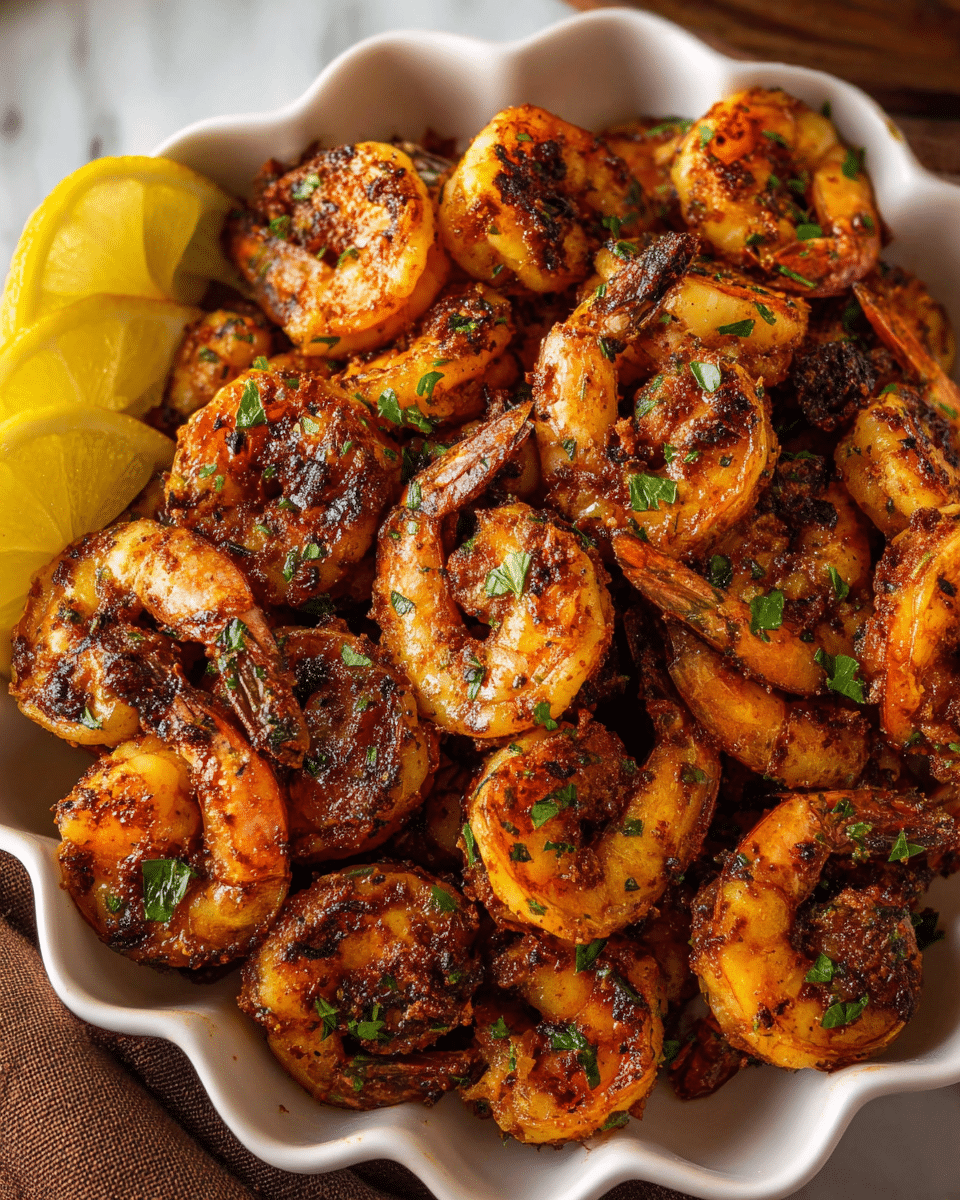 A close-up view of a bowl filled with grilled shrimp that have a golden-brown color with char marks and sprinkled with small green herb pieces, likely parsley. The shrimp look juicy and caramelized with a slightly oily texture and seasoning visible on them. On the left edge of the bowl, there is a wedge of lemon adding a bright yellow contrast to the warm orange and brown tones of the shrimp. The bowl is white and has a wavy, scalloped edge, placed on a white marbled surface with a brown cloth partially seen on the right edge. photo taken with an iphone --ar 4:5 --v 7