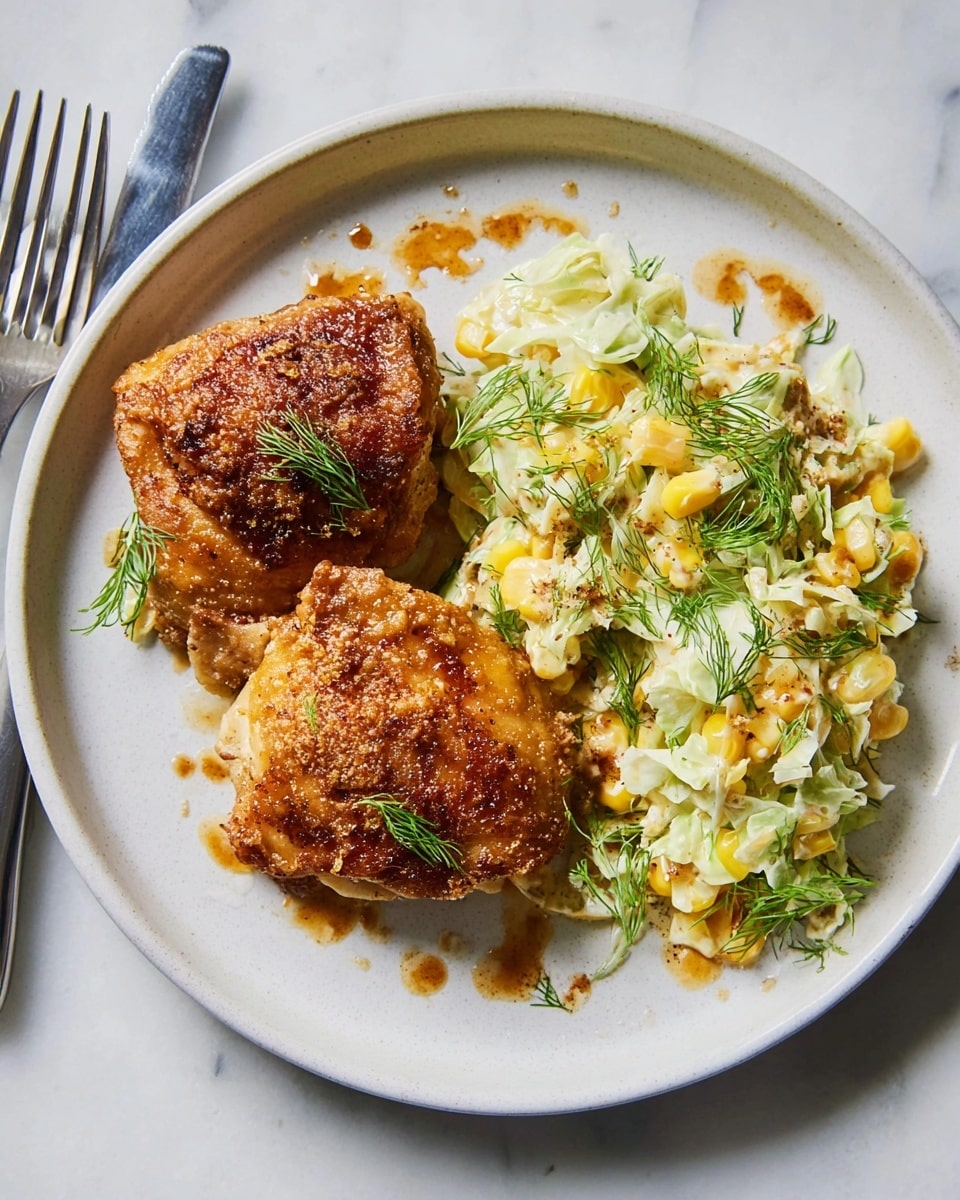 On a white plate, there are two pieces of golden brown, crispy chicken thighs positioned slightly overlapping on the left side. Beneath and to the right of the chicken, there is a creamy cabbage and corn salad with a light yellow color and small green dill sprigs scattered on top. Some brown sauce drops are drizzled near the chicken on the plate, adding a rich contrast. The plate is set on a white marbled surface, with a silver fork and knife placed on the left side. Photo taken with an iphone --ar 4:5 --v 7
