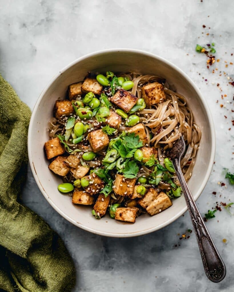 Vegan Rice Noodles with Crispy Tofu and Mushrooms Recipe