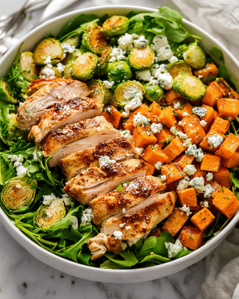 A close-up of a white baking tray filled with roasted Brussels sprouts and cubed sweet potatoes, all having a golden-brown crisp texture. Four browned chicken thighs are placed on top, their skin shiny and slightly caramelized. Small dollops of white cottage cheese are scattered across the tray, adding a soft texture and contrasting color. Fresh green herbs are sprinkled over everything, with some pieces showing charred edges. The background is a white marbled texture. Photo taken with an iphone --ar 4:5 --v 7