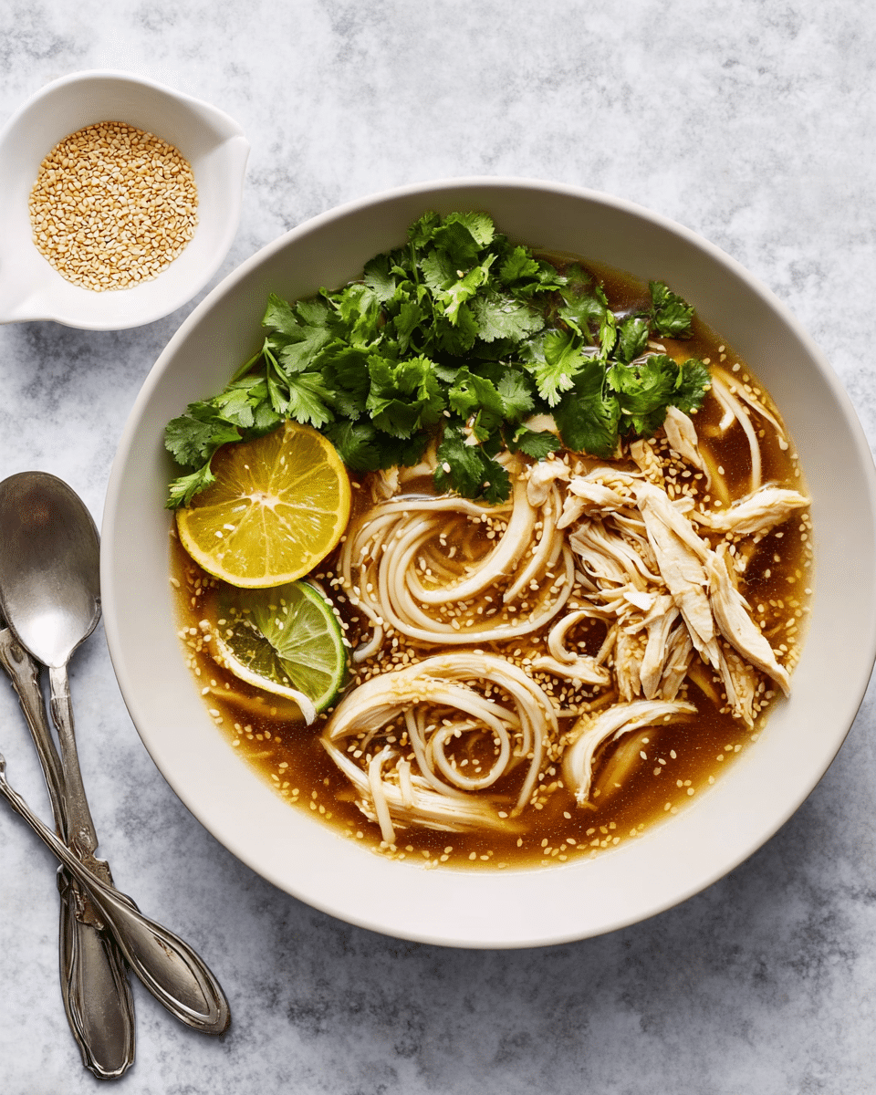 A white bowl filled with light brown broth and spaghetti noodles arranged in small loose bundles, topped with shredded white chicken pieces scattered across the noodles. On one side, there is a bunch of fresh green cilantro leaves placed alongside a halved lime and lemon wedge, both showing their juicy interiors. A few sesame seeds are sprinkled on the broth and noodles. The bowl sits on a white marbled surface with a white small dish of sesame seeds nearby. A spoon and fork rest to the left of the bowl. photo taken with an iphone --ar 4:5 --v 7