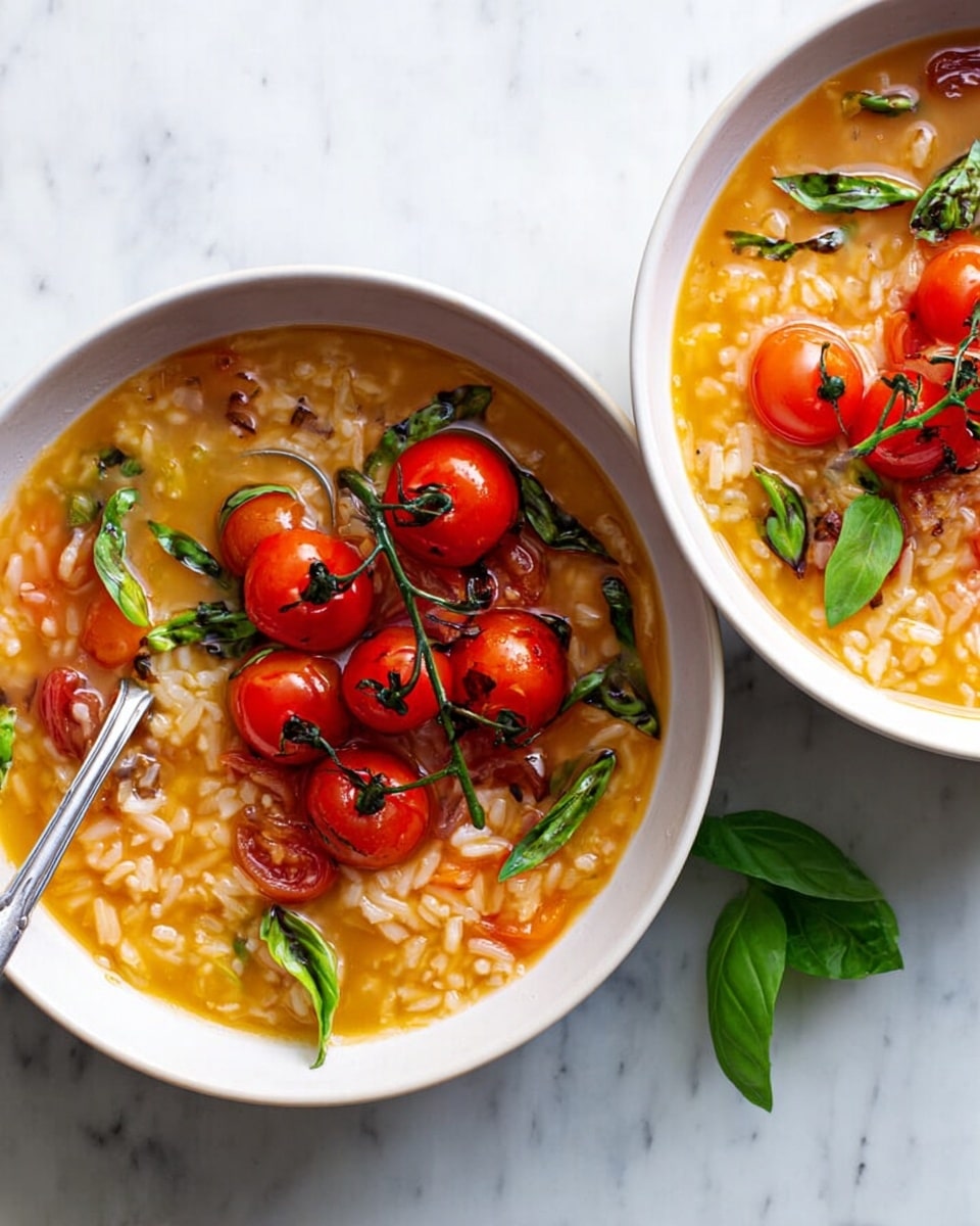 Two white bowls are filled with a soup containing orange broth, cooked rice, and small pieces of onion. On top, there is a cluster of bright red cherry tomatoes still on the vine, with some green basil leaves scattered around for color contrast. A silver spoon is placed inside the left bowl, partially immersed in the soup. The bowls sit on a white marbled surface, and the overall look is fresh and vibrant. photo taken with an iphone --ar 4:5 --v 7