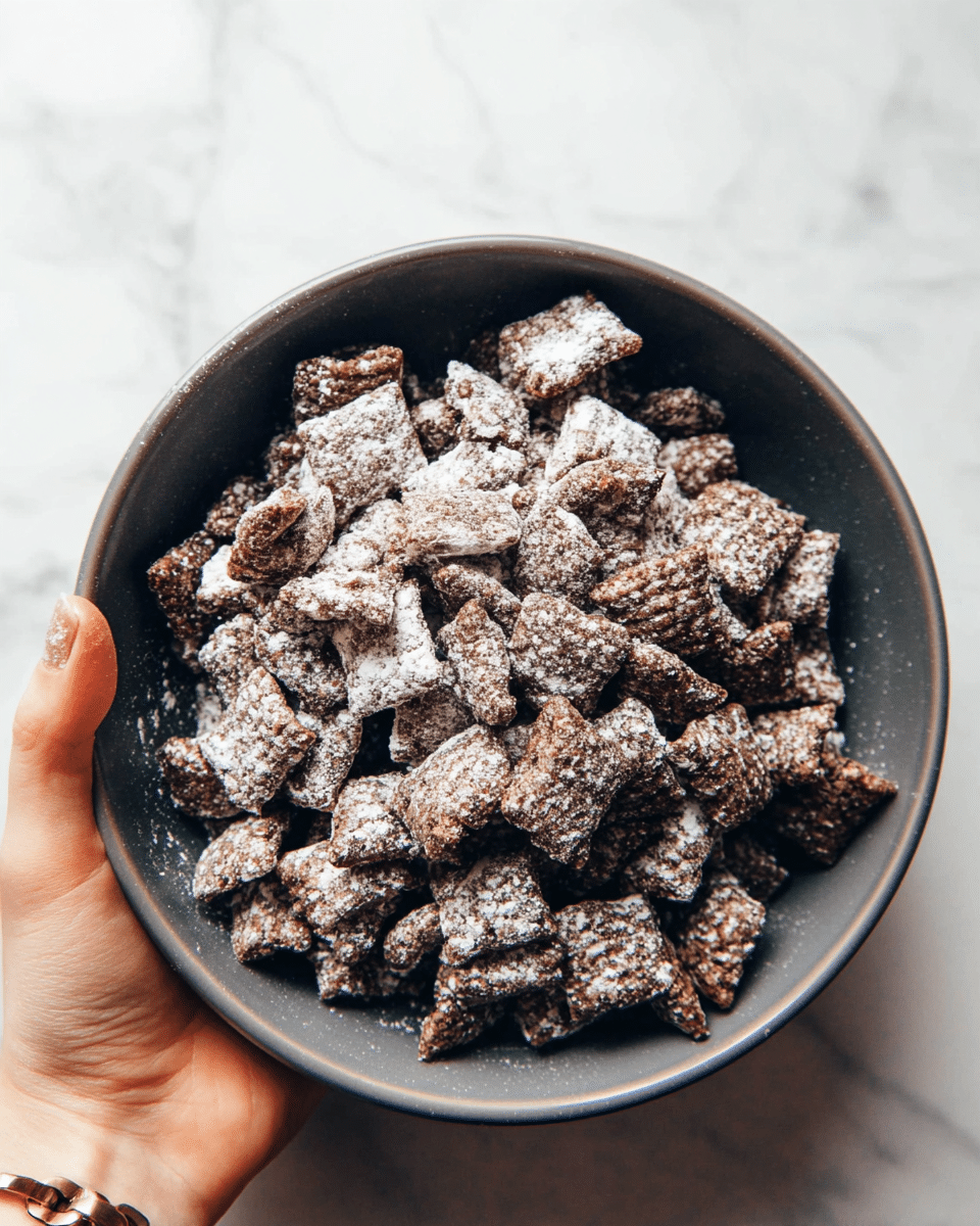 A dark gray bowl filled with an uneven mix of small bite-sized cereal pieces coated with a white powdery layer, creating a contrast between the dark brown and light white dust. The textured cereal shows rough and crumbly surfaces with some pieces square-shaped and others irregularly shaped. A woman's hand is holding the bowl at the bottom right corner against a white marbled textured surface background. photo taken with an iphone --ar 4:5 --v 7