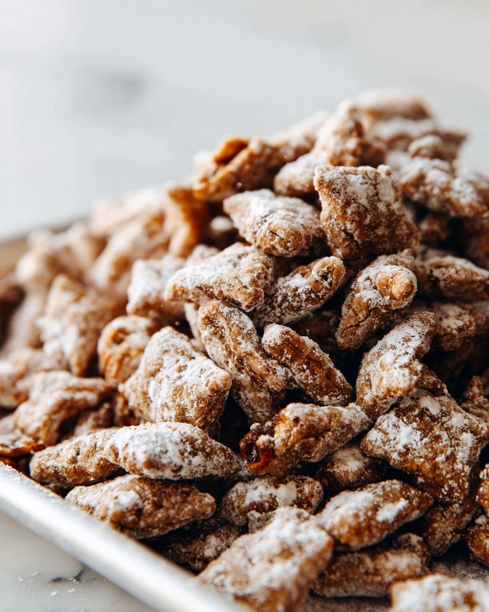 The image shows a close-up of many small, irregularly shaped snacks that are brown and covered with a light layer of white powdered sugar, giving them a rough texture. The snacks are piled in a large white tray, and the background is a white marbled surface, which adds a clean and simple look. The focus is on the front pile, showing the crunchy texture and powdered sugar dusting on each piece. Photo taken with an iphone --ar 4:5 --v 7