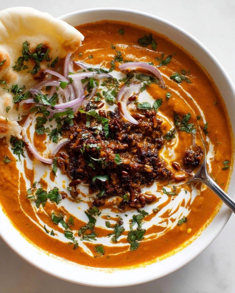 Carrot Soup with Spiced Ground Beef and Pine Nuts Recipe