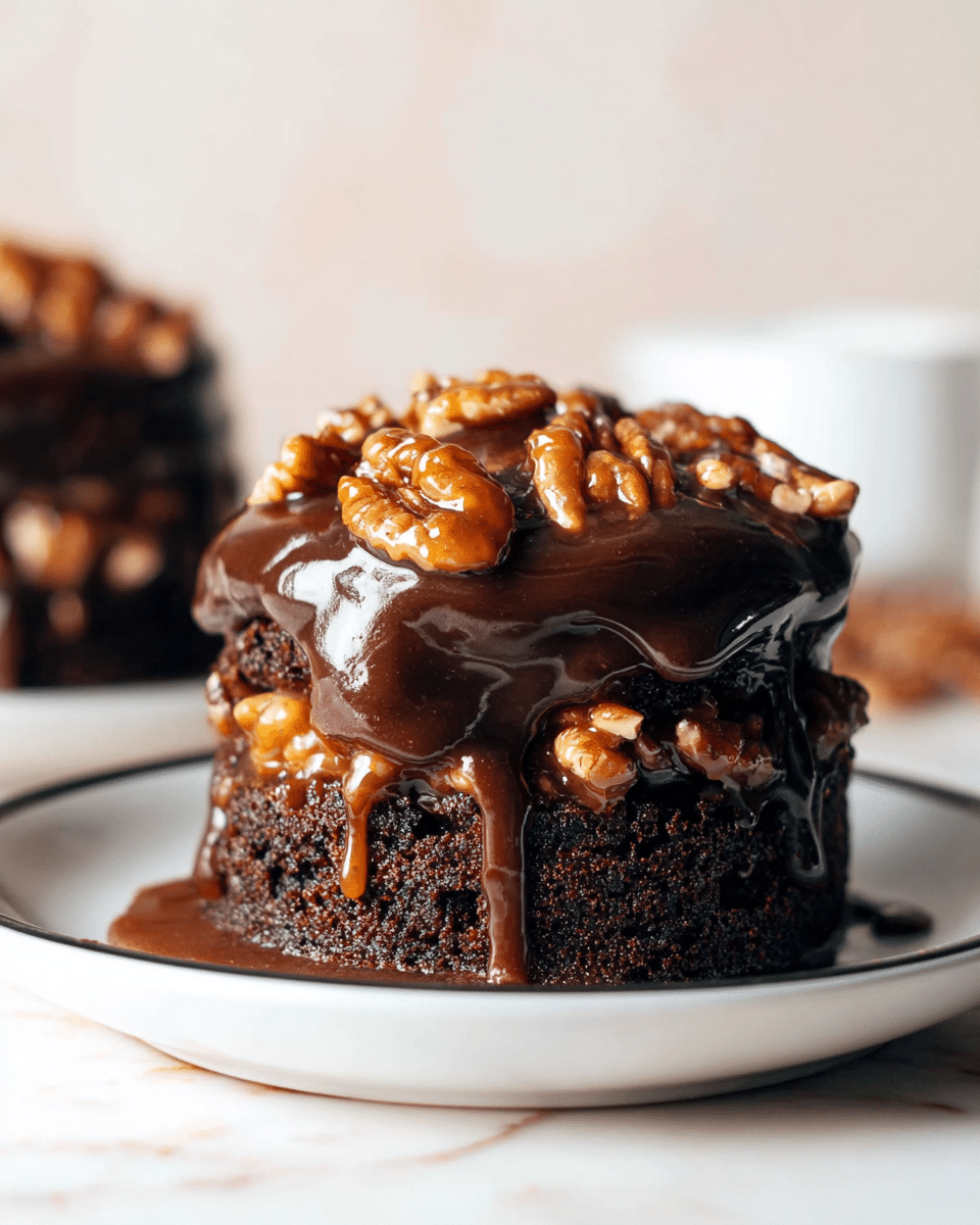 A small two-layer chocolate cake sits on a white plate with a thin black rim, placed on a white marbled surface. Both layers are richly dark and moist, with glossy, thick chocolate ganache dripping down the sides. The top layer is covered with more ganache and generously topped with whole pecans coated in caramel sauce, which glistens and adds a shiny amber color on top. In the background, there is a blurred second cake, emphasizing the close-up view of the front one. Photo taken with an iphone --ar 4:5 --v 7