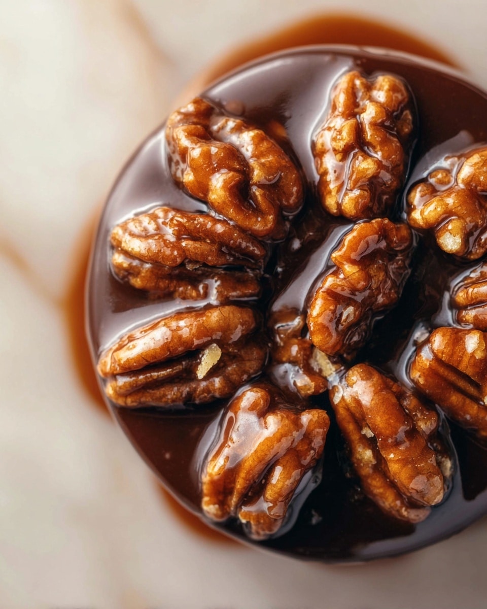 A close-up top view of a dessert featuring a single layer of caramelized pecans arranged in a circle on a smooth, dark chocolate base. The glossy caramel sauce coats the pecans, making them appear shiny and sticky, with textures highlighting the crunchy coating and walnuts' natural grooves. The dessert is placed on a white marbled surface, softly blurred in the background. photo taken with an iphone --ar 4:5 --v 7