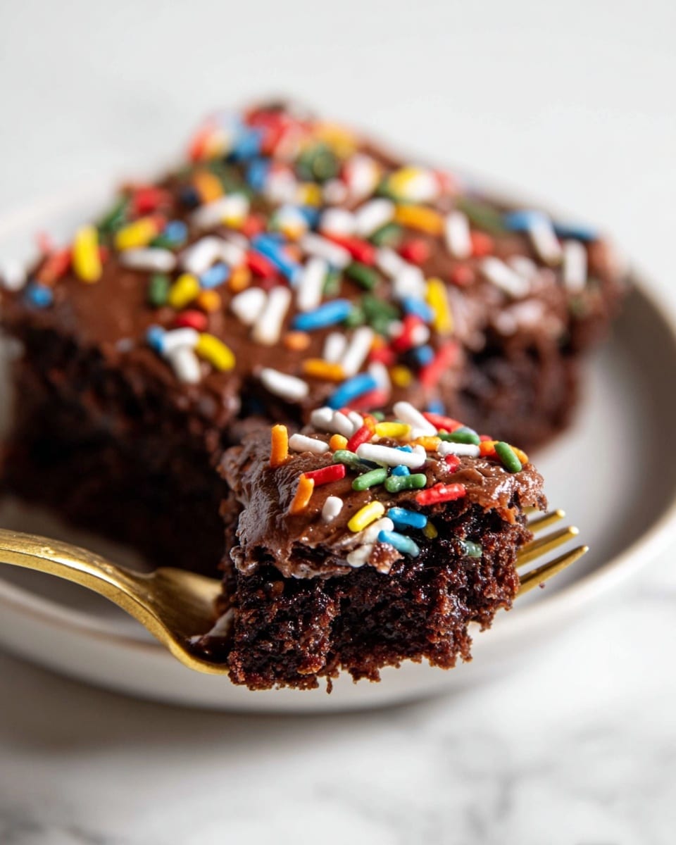 A close-up view of a single square-shaped brownie piece held by a woman's hand with light pink painted nails and a ring on the finger, showing a bite taken out of it. The brownie has three visible layers: a dark chocolate crumbly base, a smooth middle layer of chocolate frosting, and a top layer covered with colorful rainbow sprinkles in red, green, blue, white, yellow, and orange. In the background, a white rectangular baking dish holds the rest of the brownies with some pieces missing, sitting on a white marbled surface. photo taken with an iphone --ar 4:5 --v 7