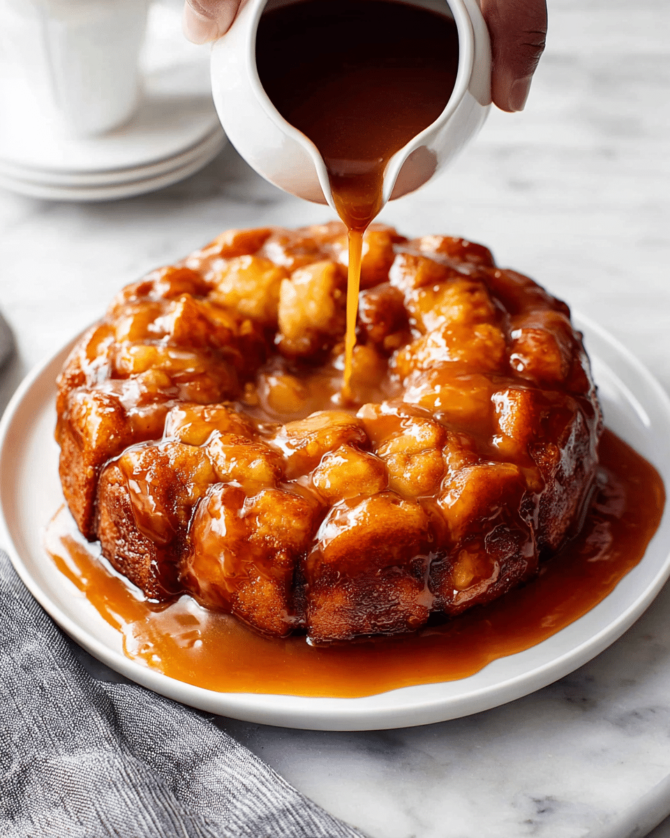A round stack of sticky cinnamon rolls on a white plate, covered in thick, glossy brown caramel sauce that pools around the base, and drizzled with white icing in thin, uneven lines across the top. One roll is partly cut and lifted by a silver fork, showing a soft, fluffy texture inside with caramel sauce dripping off. The plate sits on a white marbled surface with a white and gray striped cloth beneath. Nearby, a small white jug with some caramel dripped on its side and a white bowl of creamy white sauce complete the setting. Photo taken with an iphone --ar 4:5 --v 7