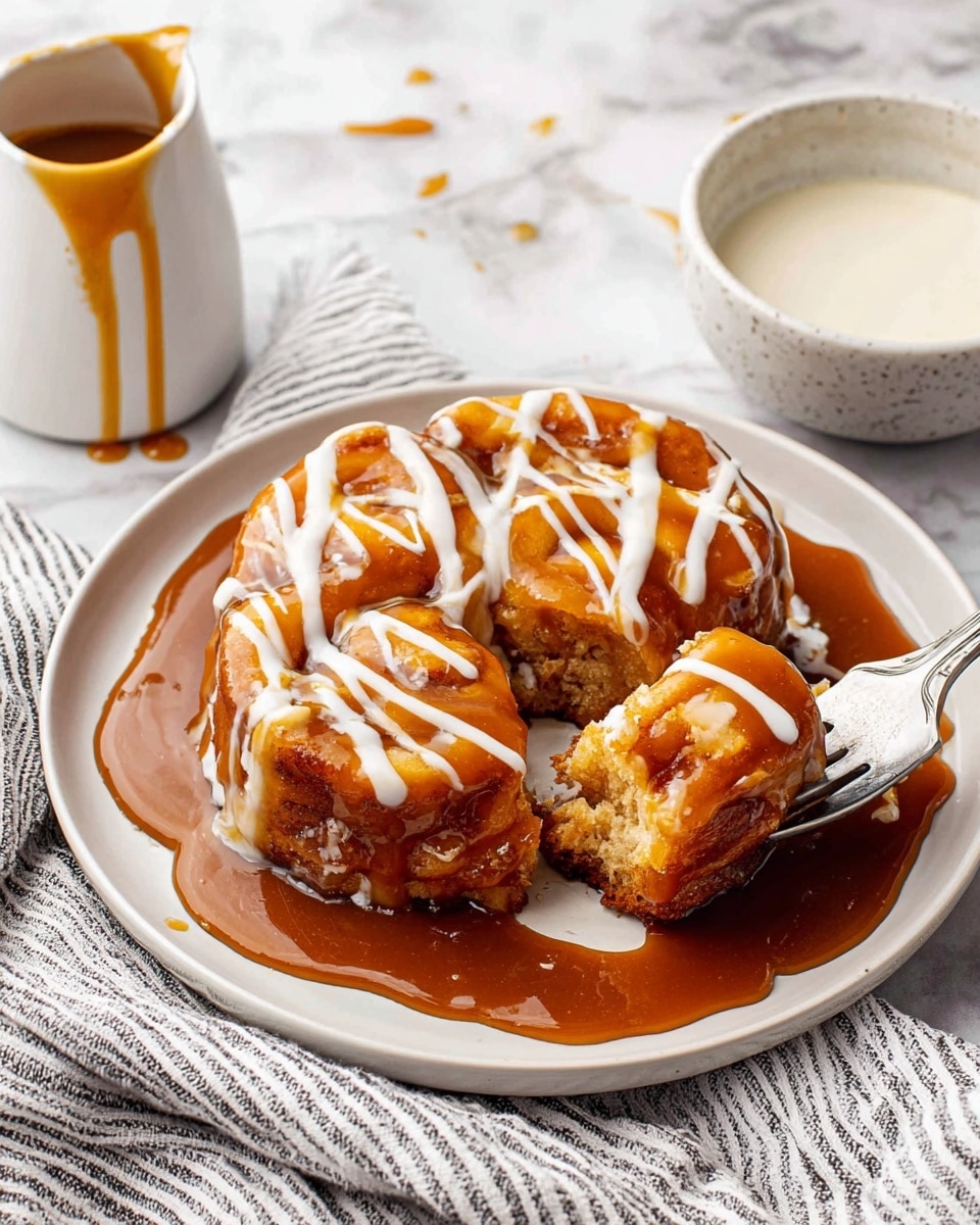 A round, golden-brown monkey bread sits in the center of a white plate, showing its distinct pull-apart sections with a slightly shiny and soft texture. The bread is covered with a thick layer of warm, glossy caramel sauce that pools around the base and drizzles from a white pitcher held by a woman's hand above, adding a rich amber color and sticky texture to the top and sides. The plate rests on a white marbled surface, and a folded gray and white striped cloth is partially visible near the edge. photo taken with an iphone --ar 4:5 --v 7