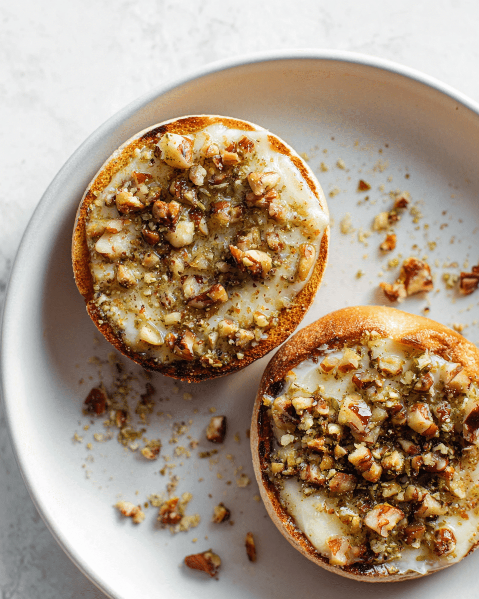 Two halves of a toasted English muffin sit on a white plate with a white marbled texture background. Each muffin half is golden brown around the edges with a slightly crispy look. On top, there is a layer of melted butter that is creamy white and glossy. Over the butter, there is a thick layer of chopped mixed nuts in light brown and green shades, showing a rough and crunchy texture. Small nut bits are scattered around the plate, adding a natural, rustic feel. The overall look is warm, textured, and inviting. photo taken with an iphone --ar 4:5 --v 7