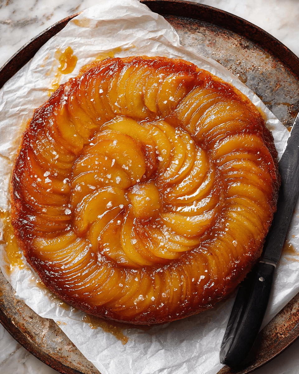 A round tarte Tatin sits on white crinkled parchment paper atop a rustic round tray with a dark edge. The dessert has a shiny, golden-brown caramelized apple top arranged in overlapping thin slices forming a swirling pattern from the center outward, with a slightly darker caramel color on the edges. Coarse sea salt flakes are lightly scattered over the glossy apple surface, adding texture. A large sharp knife with a black handle rests partially under the tart on the right side. The background shows a white marbled texture. photo taken with an iphone --ar 4:5 --v 7
