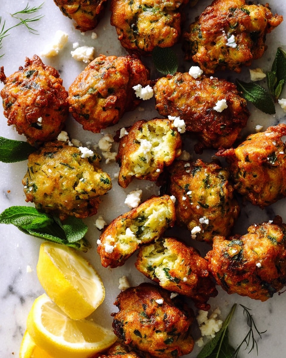 The image shows a group of golden brown, crispy fritters arranged on a white marbled surface, each piece irregularly shaped with rough, textured edges and visible green herbs mixed throughout. Small white crumbles of cheese are sprinkled over the fritters, adding a contrasting color and soft texture. Fresh green herb leaves are spread among the fritters, and bright yellow lemon wedges are positioned on the side, adding a pop of color and freshness to the scene. One fritter is broken open to reveal a soft, light inside with more herbs embedded. The lighting highlights the crispiness and varied colors, creating an inviting and appetizing look. photo taken with an iphone --ar 4:5 --v 7