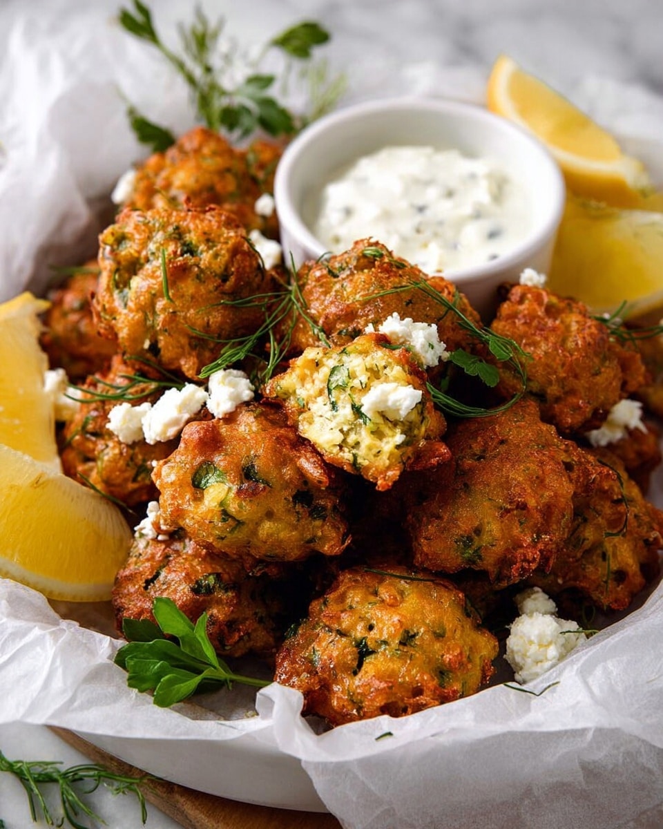 A white bowl lined with white parchment paper holds a pile of golden-brown fritters with a crispy, textured surface showing tiny flecks of green herbs and bits of white cheese inside. The fritters are piled in the center, some topped with small crumbles of white cheese and fresh green herb sprigs scattered around them. There are three bright yellow lemon wedges placed around the fritters at the edges of the bowl. A small white bowl of creamy white dipping sauce sits among the fritters, with one fritter resting on its rim, dipping into the sauce. The background shows a white marbled texture. photo taken with an iphone --ar 4:5 --v 7