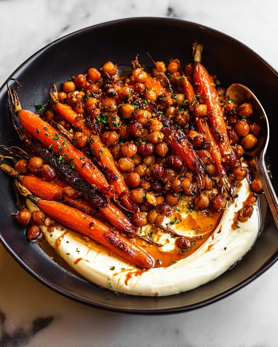 A round black bowl holds a dish with three main layers. The bottom layer is smooth and creamy white, spread evenly across the base. On top of this is a layer of roasted chickpeas, small and round, scattered generously and showing a toasted golden-brown color. The top layer consists of many long, shiny roasted carrots with a rich orange color and a glaze that makes them look slightly sticky. Tiny green herbs are sprinkled lightly over the carrots and chickpeas. To the right side of the bowl, a silver spoon rests partly inside the dish, holding a carrot and some chickpeas. The bowl sits on a white marbled texture surface. Photo taken with an iphone --ar 4:5 --v 7