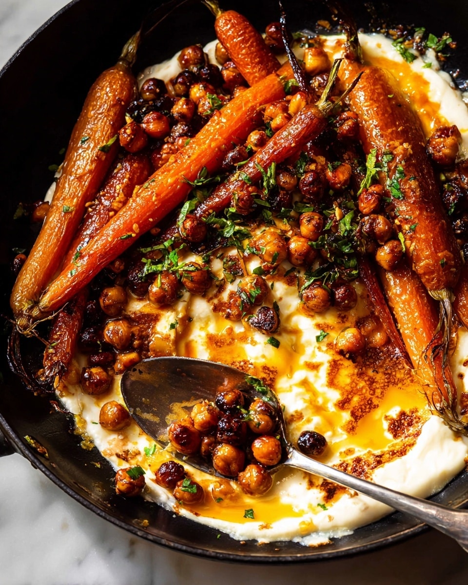 The dish shows a black skillet filled with several roasted orange-brown carrots lying on top of a creamy white layer with golden and orange oil spots, giving a rich, melted cheese or sauce look. Scattered around and on the carrots are small, round, dark roasted chickpeas that add a crunchy texture. Some fresh green herbs are sprinkled on top for color contrast. A silver spoon in the skillet scoops some of the creamy base along with chickpeas, showing a mix of smooth textures with crispy bits. The skillet sits on a white marbled surface. photo taken with an iphone --ar 4:5 --v 7