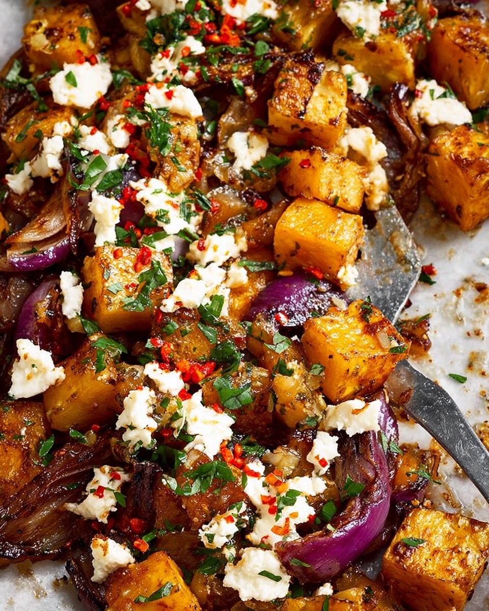 A white bowl filled with a colorful mix of food, showing multiple layers of roasted cubed orange squash or sweet potato, browned and slightly crispy, mixed with chunks of roasted red onions with purple skins, topped with crumbled white cheese, sprinkled with small green herb bits and red chili flakes, and scattered small pieces of chopped nuts. There is a silver spoon resting inside the bowl. Around the bowl, on a white marbled surface, are bits of nuts and some syrup or sauce drizzled down. photo taken with an iphone --ar 4:5 --v 7