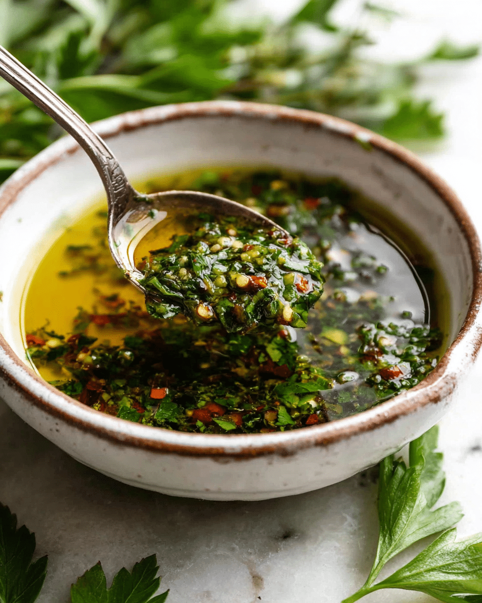 A close-up image shows a white rustic bowl with a brown rim filled with a green herb sauce. The sauce is oily and contains finely chopped green herbs mixed with small red chili flakes and bits of garlic. A silver spoon dipped in the sauce lifts some, showing the chunky texture and colorful herbs. Fresh green herb sprigs lie around the bowl on a white marbled surface. photo taken with an iphone --ar 4:5 --v 7