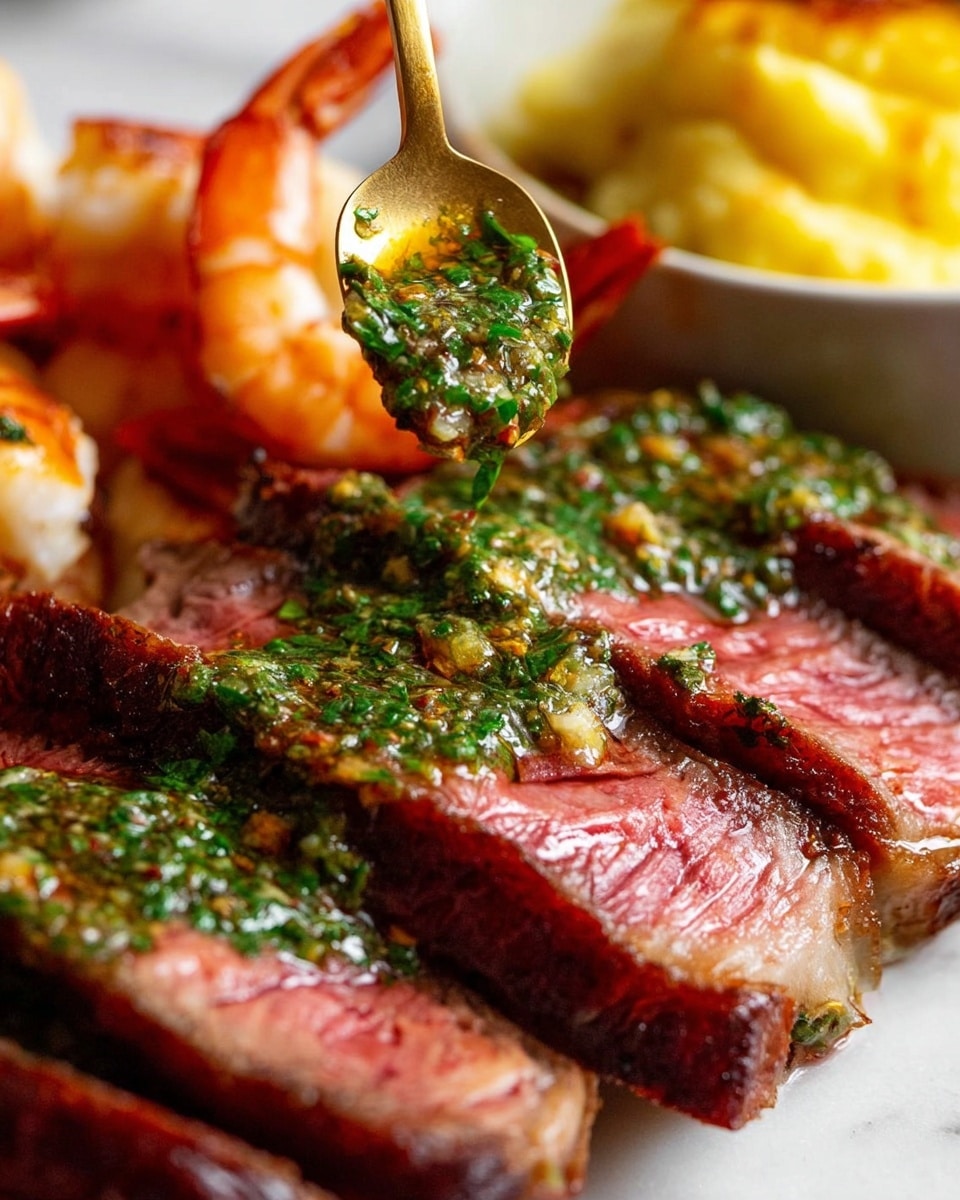 The image shows several thick slices of cooked steak laid closely together with a pink-red center and brown crust edges, topped with a green herb sauce that looks oily and fresh, being spooned over by a gold spoon from above. Behind the steak, there are orange shrimp with a glossy look, and something yellow and soft, possibly scrambled eggs or mashed potatoes, partially visible at the bottom in a white bowl. The entire scene sits on a white marbled surface. photo taken with an iphone --ar 4:5 --v 7