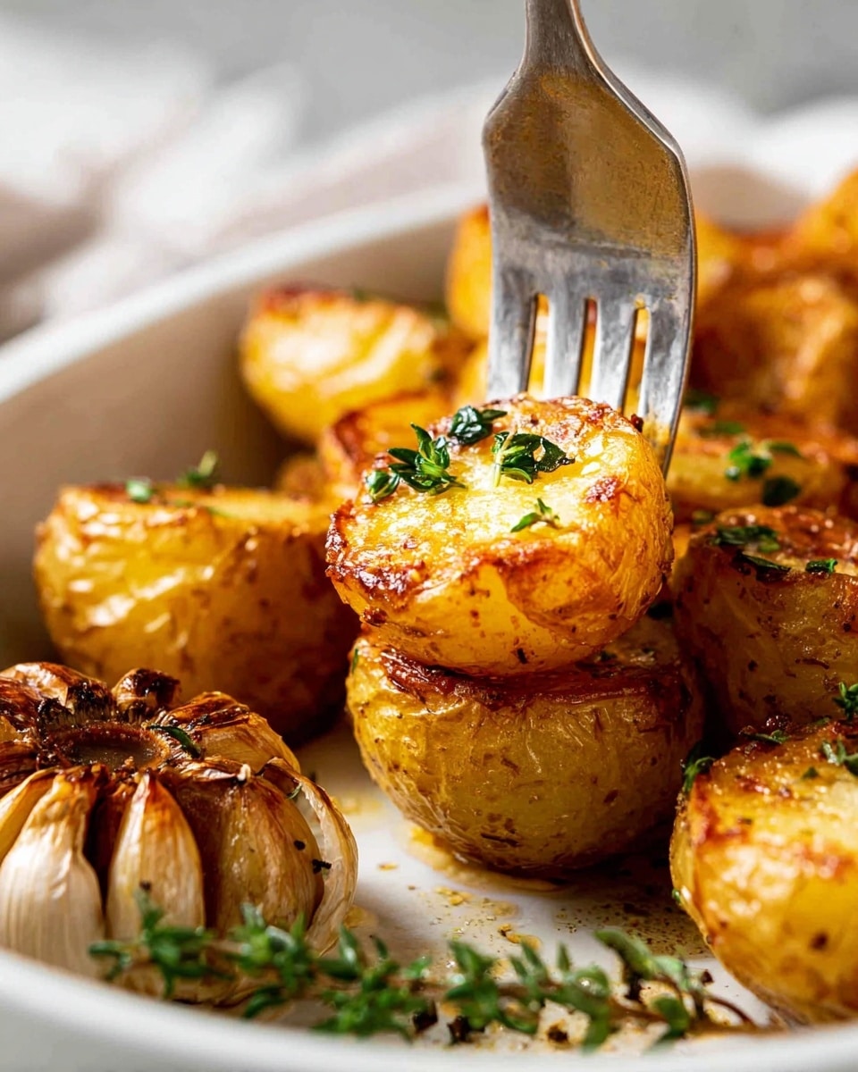 A close-up view of golden brown roasted potatoes stacked in a white dish, each potato piece showing a crispy, textured outer layer with a soft inside. A silver fork is inserted into a top potato piece, with fresh green herbs on it. Around the potatoes, there are sprigs of green herbs and a whole roasted garlic clove resting on a white marbled surface. The focus is sharp on the fork and the front potatoes while the background is softly blurred. Photo taken with an iphone --ar 4:5 --v 7