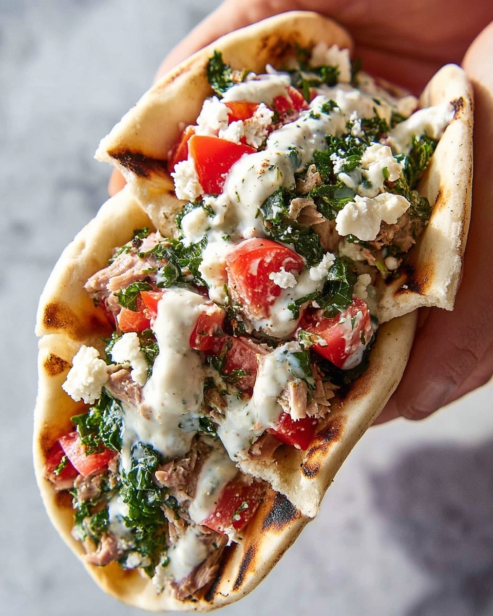 A close-up shot of a pita sandwich held by a woman's hand, showing three layers of soft, slightly charred, light brown pita bread folded around fresh fillings. Inside, there are bright red chopped tomatoes, dark green leafy vegetables, light chunks of tuna, white crumbly cheese, and drizzles of creamy white sauce scattered on top. The background features a white marbled texture, making the colors of the sandwich stand out clearly. Photo taken with an iphone --ar 4:5 --v 7