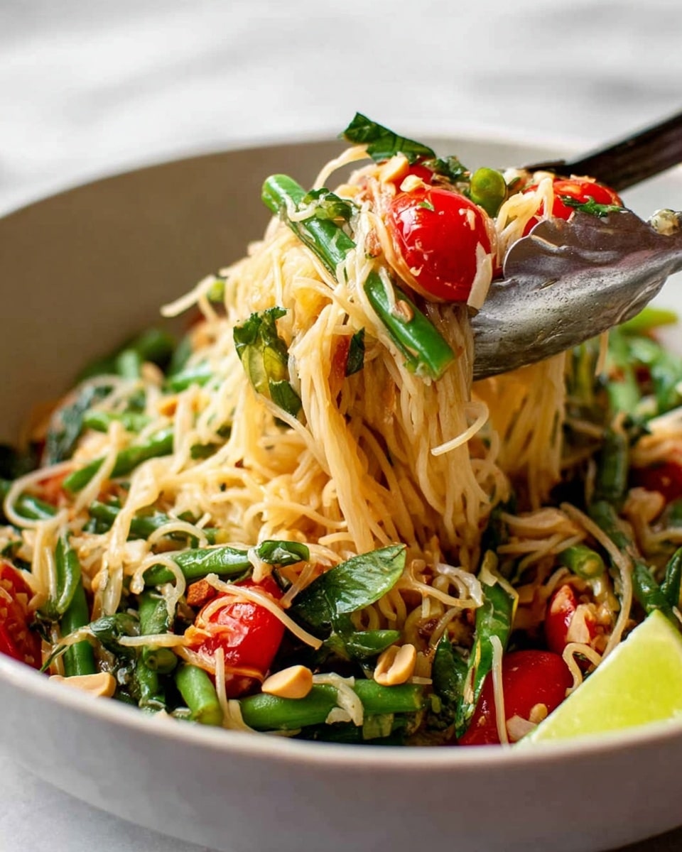 The image shows a close-up of a bowl filled with thin noodles, bright green chopped beans, halved red cherry tomatoes, and fresh green leafy herbs mixed together. The noodles look slightly glossy and soft, with the green beans adding a crunchy texture. There are small pieces of chopped peanuts scattered on top, adding texture and color contrast. A wedge of lime is placed inside the bowl on the right side. A pair of silver tongs is lifting a portion of the noodles, cherry tomatoes, and green beans, creating a sense of motion. The bowl is white and sits on a white marbled surface, with a soft light background. photo taken with an iphone --ar 4:5 --v 7