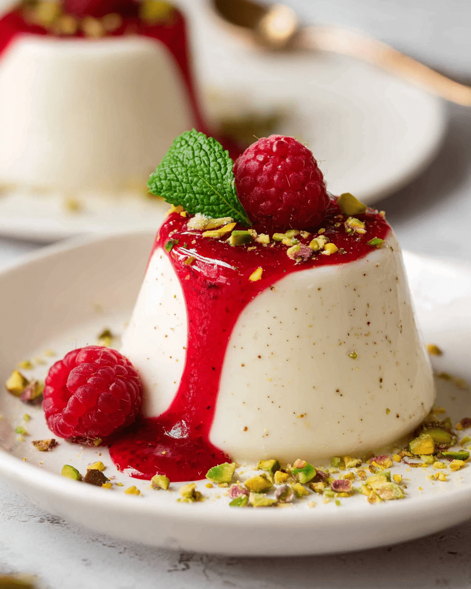 A small, smooth, creamy white panna cotta with tiny vanilla specks stands on a white plate with a white marbled background. The dessert has one main thick layer of panna cotta with a bright red raspberry sauce dripping down its sides. A single red raspberry and a small green mint leaf sit on top, along with a sprinkle of chopped green pistachios that also scatter gently around the base on the plate. In the background, a blurred second panna cotta with similar toppings is visible, adding depth to the image. photo taken with an iphone --ar 4:5 --v 7