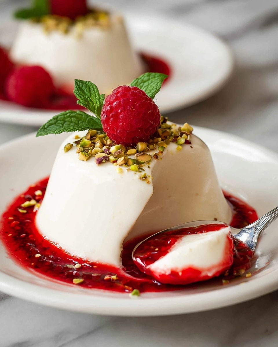 A smooth, creamy white panna cotta sits in the center of a white plate, topped with a bright red raspberry sauce that drips down its sides, pooling around the base. On top of the panna cotta is a single fresh raspberry, a sprig of green mint leaves, and a sprinkle of chopped green pistachios, adding texture and color contrast. Next to the panna cotta, a spoon holds a scoop of the creamy dessert with a streak of the red sauce on it. The background features another plate with a similar dessert, all placed on a white marbled surface. photo taken with an iphone --ar 4:5 --v 7