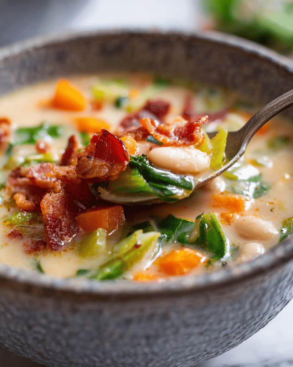 This close-up image shows a creamy soup inside a bowl with a textured grey pattern, placed on a white marbled surface. The soup has three clear layers: a light beige creamy base with visible textures, scattered bright orange carrot cubes and small green leafy vegetables in the middle, and glossy pieces of crispy reddish-brown bacon on top. A silver spoon is scooping the soup, showing a portion of soft, juicy white beans and bits of bacon. The overall appearance is warm, fresh, and rich in texture. Photo taken with an iphone --ar 4:5 --v 7