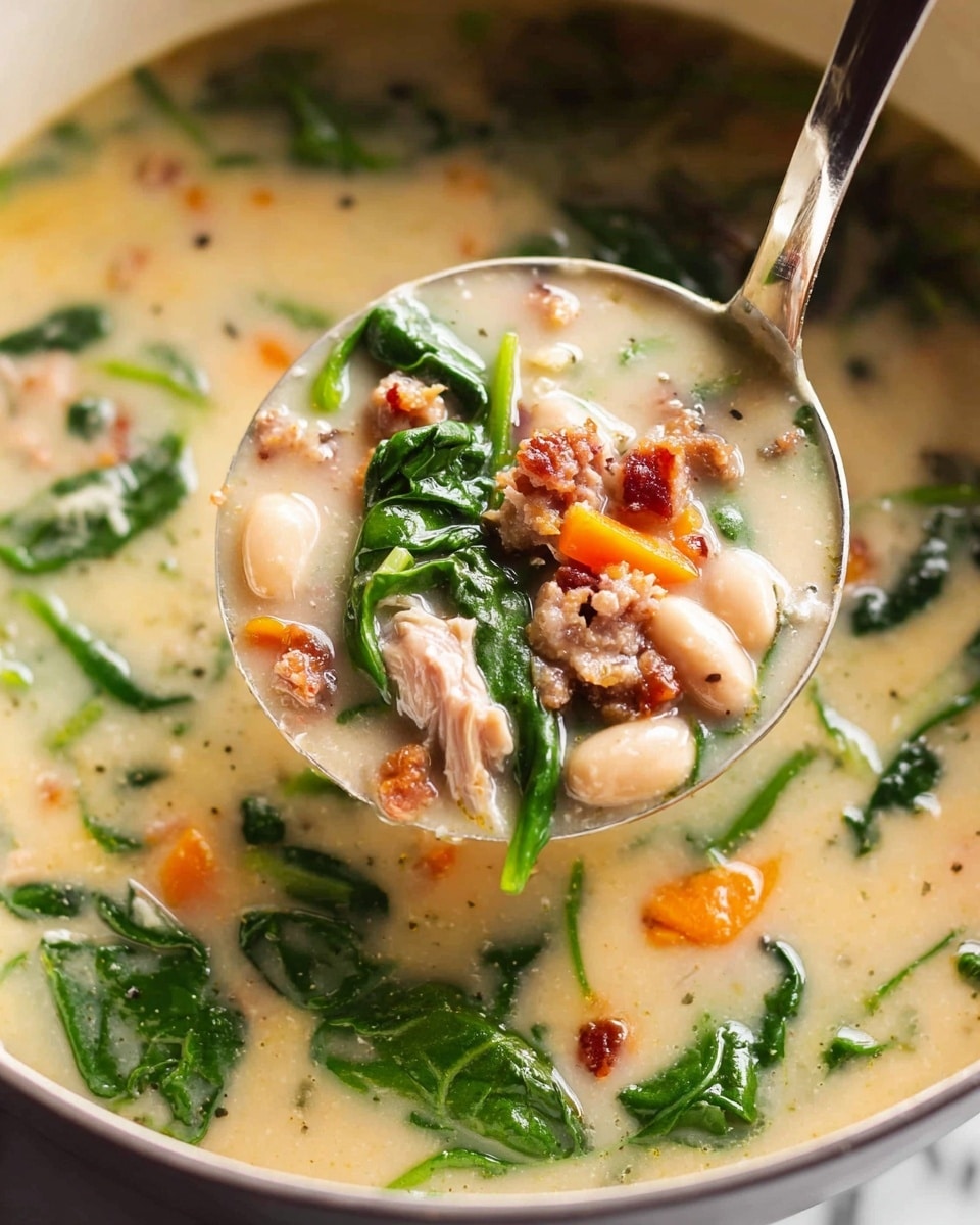 The image shows a thick creamy soup filled with several layers of ingredients. The base layer is a light beige, smooth broth with a slightly glossy texture. Floating within the broth are bright green spinach leaves that add fresh color and a slightly curly texture. Scattered throughout are chunks of orange carrot pieces, small white beans, and brown crumbled bits that look like cooked bacon or sausage. A metal ladle is lifting a portion of the soup, revealing the same layers inside with visible soft beans, tender shredded meat, and spinach, creating a rich and hearty look. The background is a white marbled texture. Photo taken with an iphone --ar 4:5 --v 7
