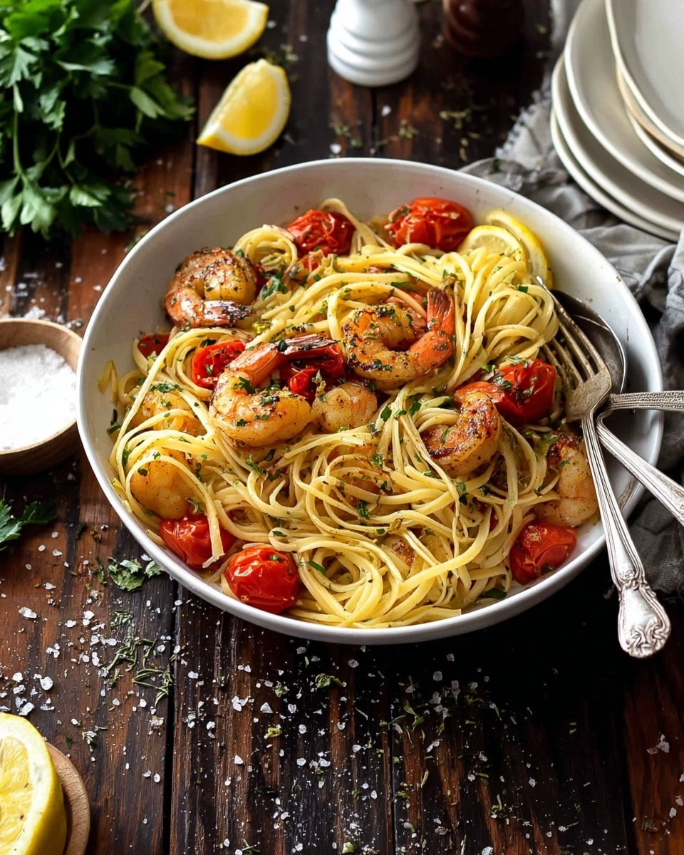 A white bowl full of creamy yellow spaghetti pasta mixed with red cherry tomato halves and grilled shrimp on top, each shrimp golden with light grill marks; the spaghetti strands are long and twisted, some hanging slightly over the bowl's edge, sprinkled with small green herb bits and black pepper. A lemon wedge sits inside the bowl on one side, adding a touch of bright yellow. A silver fork and spoon rest on the bowl’s edge. The bowl is placed on a dark wood surface with scattered coarse salt and herbs around it. In the blurred background, there is a bunch of green parsley, a pepper grinder, stacked white plates with a napkin, and some lemon wedges on a white marbled texture. photo taken with an iphone --ar 4:5 --v 7