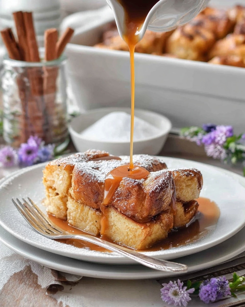 The image shows a white baking dish filled with six golden-brown baked bread pudding pieces, two of which are missing from the right side. Each piece is dusted with powdered sugar, giving a light white layer on top. The bread pudding has a slightly crispy, caramelized texture on top, while inside it looks soft and moist. On a white plate beside the dish, there are two square slices of the same pudding, drizzled with syrup that pools around them, and a silver fork resting on the plate. A silver serving spoon is inside the baking dish on the empty section. The background is a dark wooden surface with some powdered sugar sprinkled around, and a white cup filled with black coffee is seen on the left. photo taken with an iphone --ar 4:5 --v 7