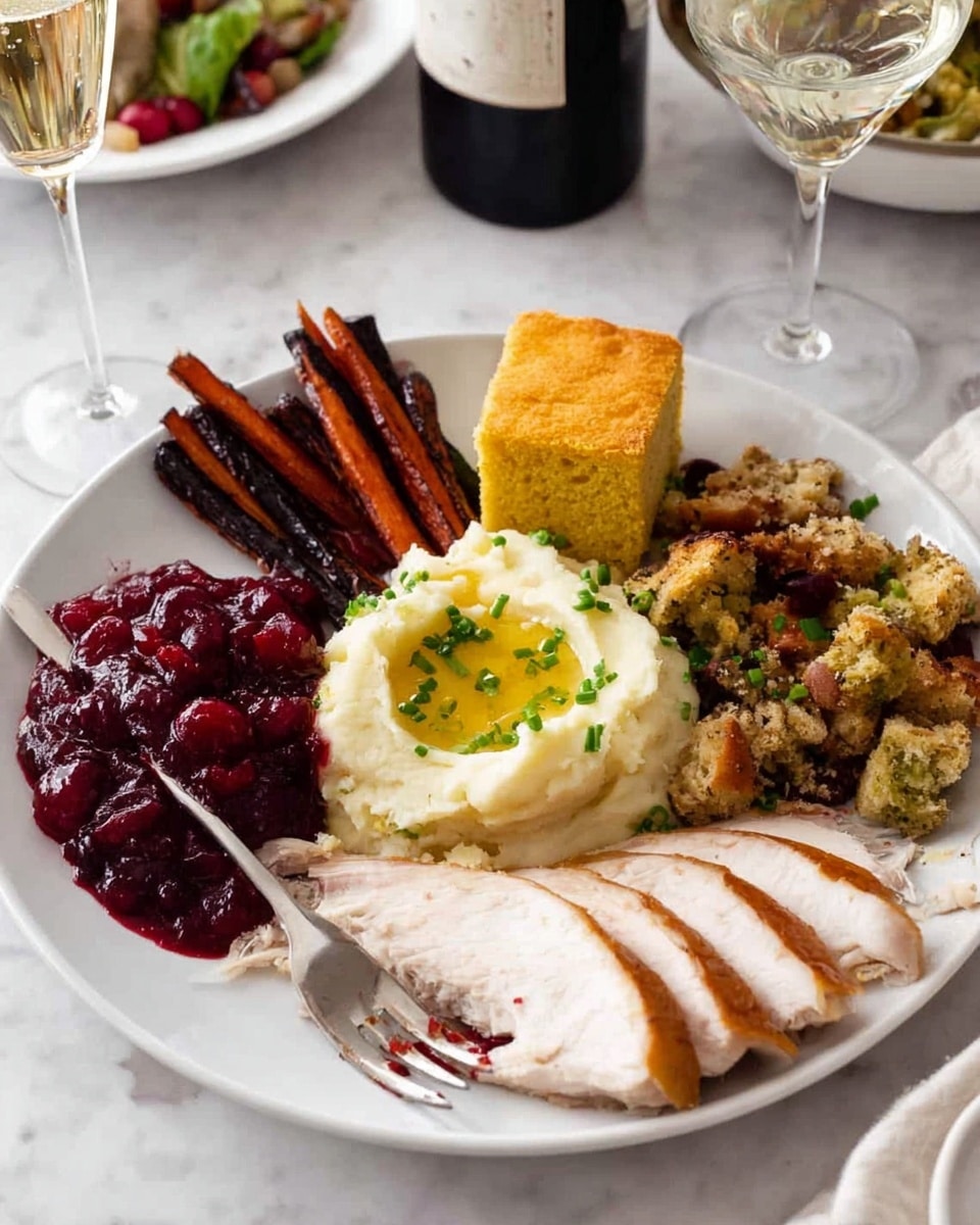 A white plate holds a meal with six different items arranged side by side. On the bottom right are three slices of white turkey breast with light brown skin. To the left of the turkey, there is a bright red cranberry sauce with whole cranberries in a thick liquid. Next to the sauce, mashed potatoes are creamy white with a small pool of melted butter in the center and sprinkled with green chopped chives, with a silver fork resting in the mash. Above the mashed potatoes, there are dark brown roasted carrots cut into small sticks. Beside the carrots, a square piece of golden cornbread is sitting, with a small broken chunk placed next to it. To the right of the cornbread, a serving of brown stuffing with bits of herbs is visible. The plate is on a white marbled surface with blurred dishes, a bottle, and a glass in the background. Photo taken with an iphone --ar 4:5 --v 7