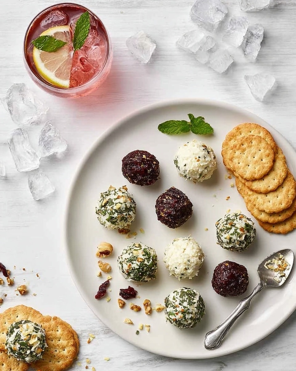 A white plate holds 13 small round cheese balls arranged loosely with different coatings: four are covered in green herbs, four in reddish dried fruit pieces, three in white shredded cheese, and two in crushed nuts. Next to the plate, there are several round golden crackers stacked and some topped with a cheese ball coated in green herbs. A silver cheese spreader lies near the crackers, and a few small scattered herb and nut pieces are on the plate edge and table. To the top left, a clear glass contains a pink iced drink garnished with a lemon wedge and mint leaves, sitting on a white marbled surface with a few ice cubes scattered around. photo taken with an iphone --ar 4:5 --v 7