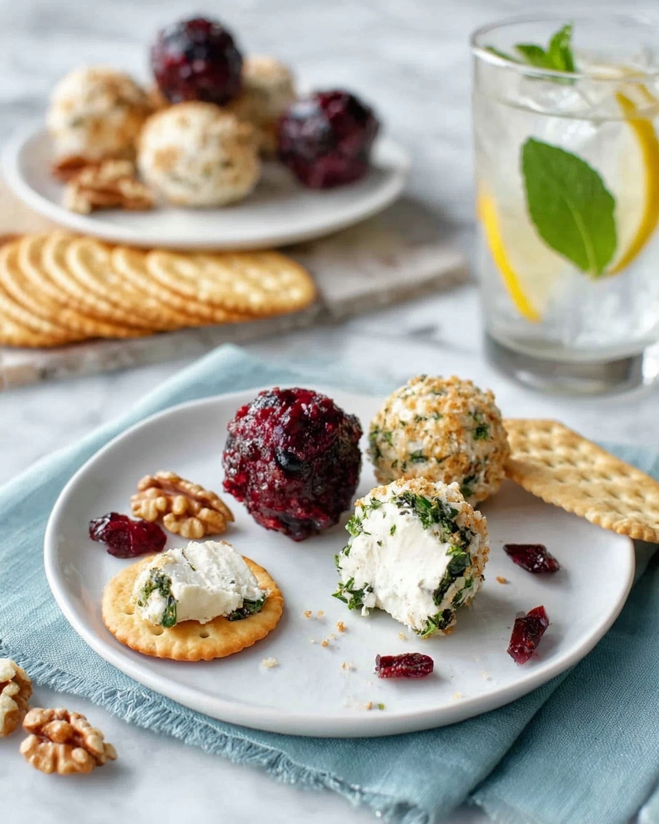 A white plate holds three small cheese balls, one covered in dark red berries, another in crushed nuts, and the third coated in chopped green herbs, with a small piece of the herb-covered cheese ball cut open showing white cheese inside; one herb-covered cheese piece sits on a golden cracker beside the balls. Behind the plate, a stack of additional golden crackers rests on a light blue cloth atop a white marbled surface. Scattered around the plate are broken walnut pieces and dried cranberries. In the background, another white plate displays more cheese balls in similar coatings. To the right, a clear glass filled with ice, lemon slices, and a green mint garnish completes the scene. Photo taken with an iphone --ar 4:5 --v 7