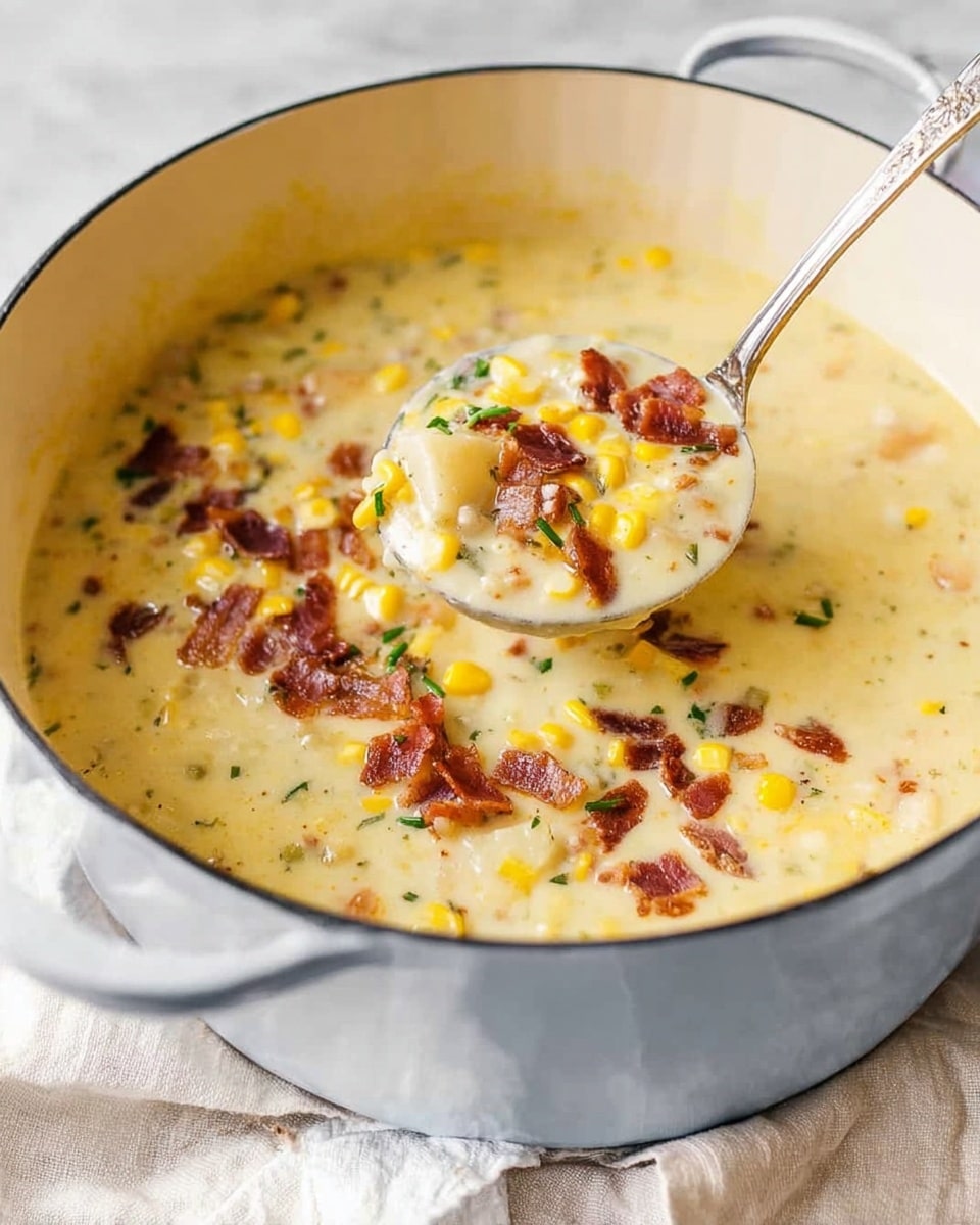 A large white pot holds creamy yellow soup filled with small chunks of white potatoes and bright yellow corn kernels, mixed evenly throughout the thick broth. On top, crispy brown bacon bits are scattered, adding texture and color contrast, with small green herbs sprinkled lightly over the surface. A silver ladle is lifting a portion of the soup, showing the soup's chunky texture with potatoes, corn, bacon, and herbs clearly visible. The pot sits on a white marbled surface with a soft off-white cloth underneath. photo taken with an iphone --ar 4:5 --v 7