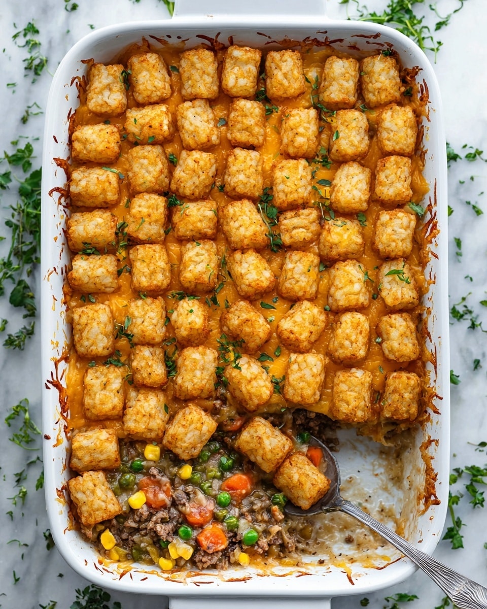 A baked casserole in a white rectangular dish with a top layer of golden brown crispy tater tots arranged neatly in rows, each tater tot showing a slightly crunchy texture with light browning. Below the tater tots is a melted cheese layer that peeks through in some areas, creating an orange-yellow contrast. The bottom layer shows a creamy mix of ground meat, green peas, small diced orange carrots, and corn kernels, all coated in a creamy sauce. The edges of the dish have some browned, bubbling sauce residue. A silver spoon scoops a portion from the bottom right, revealing the layers. There is some green herb garnish sprinkled over the top. The dish rests on a white marbled surface with scattered fresh green herbs around it. photo taken with an iphone --ar 4:5 --v 7