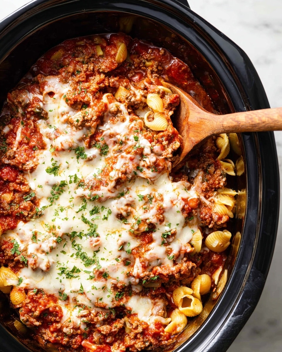 A close-up view of a black slow cooker filled with three layers of food, starting with a bottom layer of cooked pasta shells in yellow and beige tones, topped by a middle layer of chunky, rich red tomato sauce mixed with browned ground meat, and finished with a thick, uneven layer of melted white cheese sprinkled with bright green chopped herbs. A wooden spoon is partially inserted into the mix on the right side, lifting some of the pasta and sauce. The slow cooker sits on a white marbled surface. photo taken with an iphone --ar 4:5 --v 7