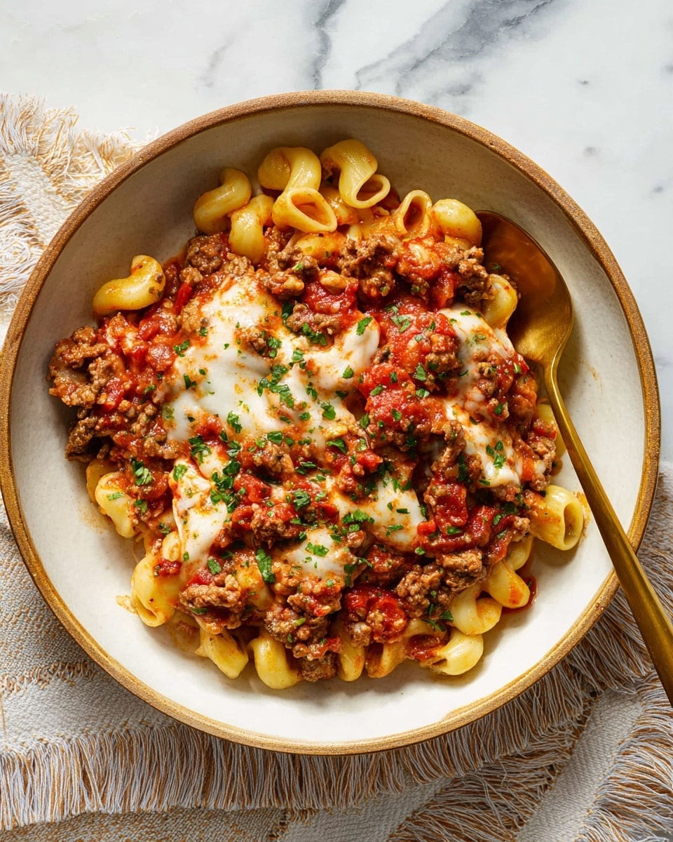 A bowl of pasta with three main layers: the bottom layer has curved, yellow pasta pieces; the middle layer is browned ground meat mixed with red sauce; the top layer is melted white cheese with patches of red sauce, sprinkled with chopped green herbs. The dish is served in a white bowl with a slight brown rim, resting on a white marbled surface with a fringed cloth underneath. A gold spoon is partly inside the bowl on the right side, its handle extending outward. Photo taken with an iphone --ar 4:5 --v 7