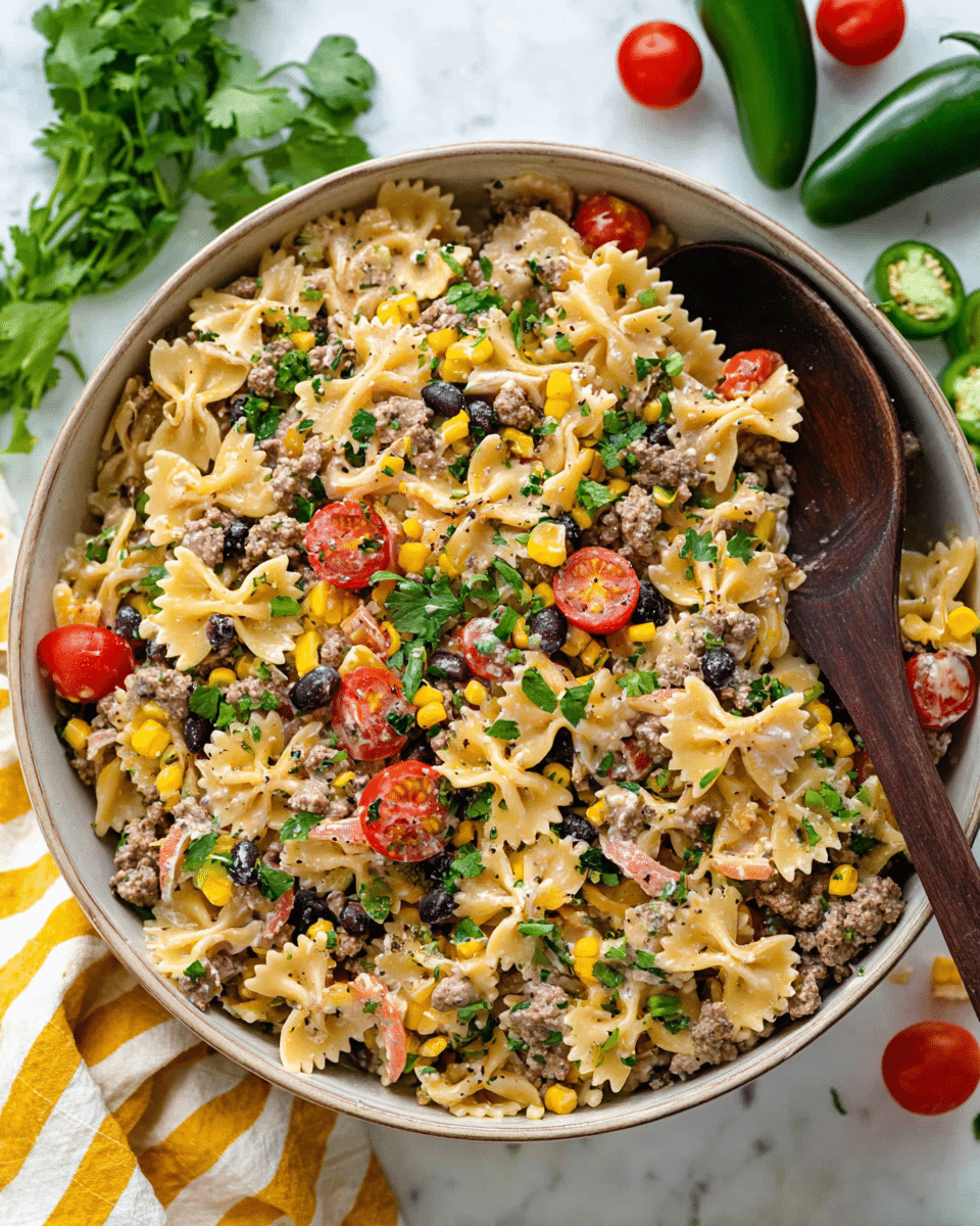 A large shallow white bowl filled with a layered bowtie pasta salad; the first layer is light tan bowtie pasta scattered all over, mixed with small chunks of creamy beige cooked ground meat; next are bright yellow cheese cubes, glossy red grape tomato halves, and small yellow corn kernels spread evenly throughout. Mixed in are black beans, finely chopped green herbs, and green onion slices adding pops of color and texture. The dish is topped with fresh green cilantro leaves and a light sprinkle of coarse black pepper. A dark wooden spoon rests inside the bowl, partially buried in the salad. The bowl sits on a white marbled surface with two whole green jalapeños and some red grape tomatoes nearby, and a yellow and white striped cloth partially visible under the bowl. photo taken with an iphone --ar 4:5 --v 7