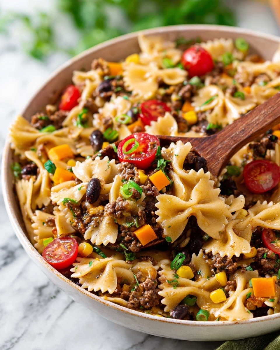 The image shows a close-up of a white bowl filled with a colorful pasta salad, held by a wooden spoon. The pasta is bow-tie shaped and light beige in color. Mixed in are layers of dark brown cooked ground meat, bright orange cheese cubes, black beans, yellow corn, and halved red cherry tomatoes. Small green herbs and green onion slices are sprinkled throughout, adding a fresh touch. The dish is on a white marbled surface with some green out-of-focus background. photo taken with an iphone --ar 4:5 --v 7