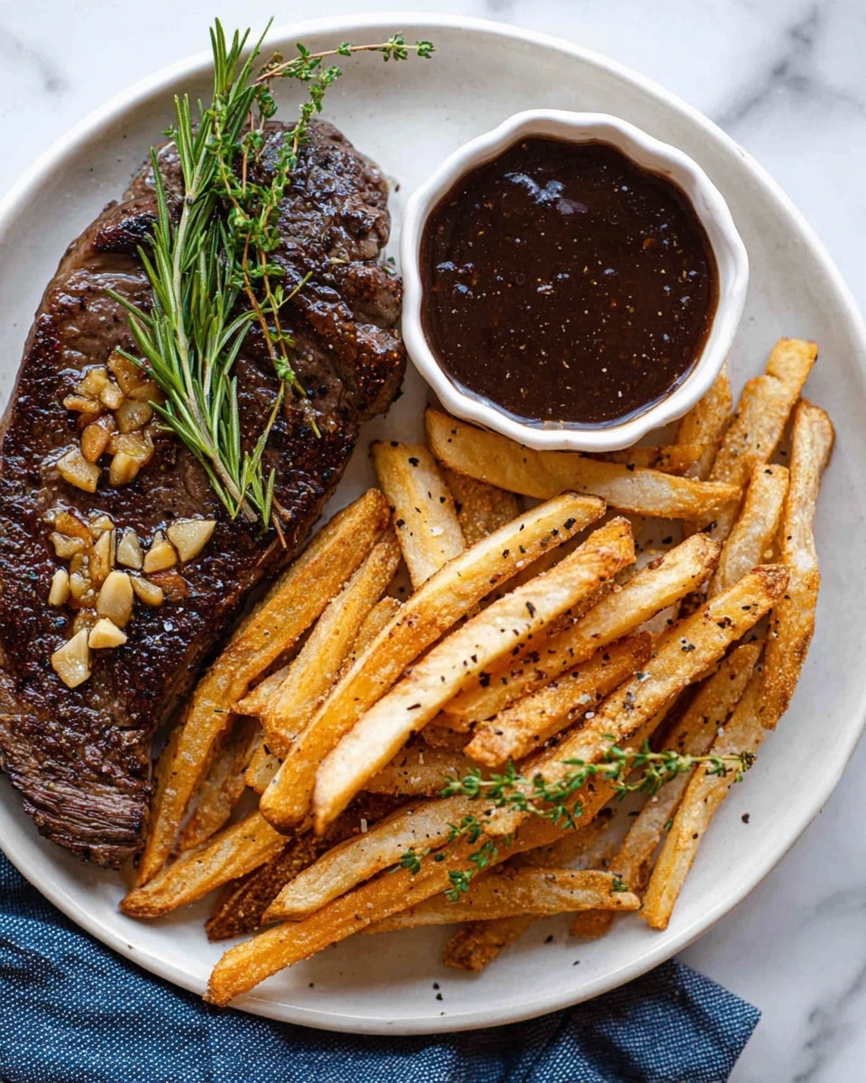 A white plate holds a cooked steak on the left side with a dark brown crust and small bits of garlic on top, garnished with fresh green sprigs of rosemary and thyme. On the right side of the plate, there is a pile of golden brown fries with a crispy texture and black pepper specks. Above the fries, a small white bowl filled with a thick, dark brown sauce is placed. The plate is set on a white marbled surface with a blue cloth partially visible at the bottom. photo taken with an iphone --ar 4:5 --v 7