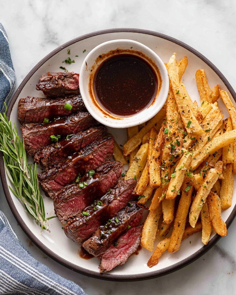 The image shows a white plate with a dark rim holding a meal of sliced steak and fries. On the left side, there are about eight pieces of medium-rare steak with a reddish pink center and dark brown edges, drizzled with a glossy dark brown sauce and sprinkled with small green herb bits. Next to the steak, there is a small white bowl filled with the same dark brown sauce, with some sauce marks on the bowl's edge. On the right side, a pile of golden fries is lightly seasoned with black pepper and sprinkled with chopped green herbs. A sprig of green rosemary lies on the left edge of the plate. The plate is set on a white marbled surface with a blue and white striped cloth partly visible in the corner. photo taken with an iphone --ar 4:5 --v 7