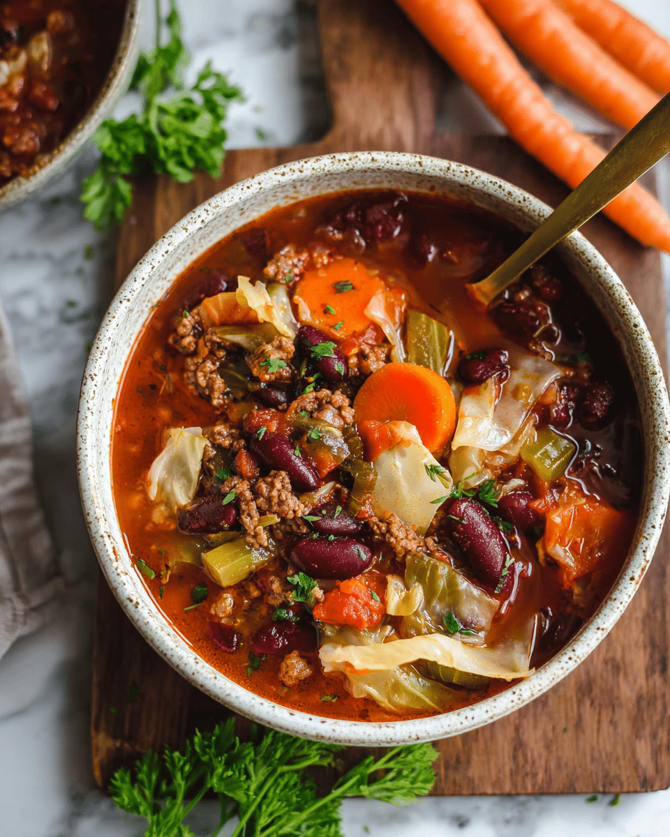 A bowl of thick soup with visible layers including orange carrot slices, dark red kidney beans, light green celery pieces, cooked cabbage leaves in pale yellow, and small brown ground meat chunks, all mixed in a rich reddish broth. The bowl is white and speckled with a rough texture, positioned on a wooden board with fresh carrot tops and a whole carrot nearby, resting on a white marbled surface. Some green herbs are sprinkled on top and a gold spoon is partially submerged in the soup. photo taken with an iphone --ar 4:5 --v 7