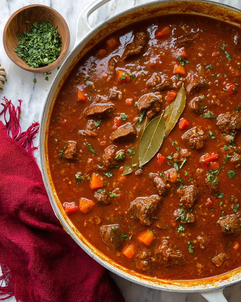 A close-up image of a white pan filled with a thick reddish-brown stew that has visible chunks of cooked beef scattered throughout. The stew also contains small diced pieces of orange carrots and red tomatoes all mixed in a rich, smooth sauce. Bright green chopped herbs are sprinkled evenly over the top, along with a single bay leaf resting on the surface. To the side, a small wooden bowl holds more green herbs, and a deep red cloth with fringed edges lies near the pan on a white marbled surface. Photo taken with an iphone --ar 4:5 --v 7