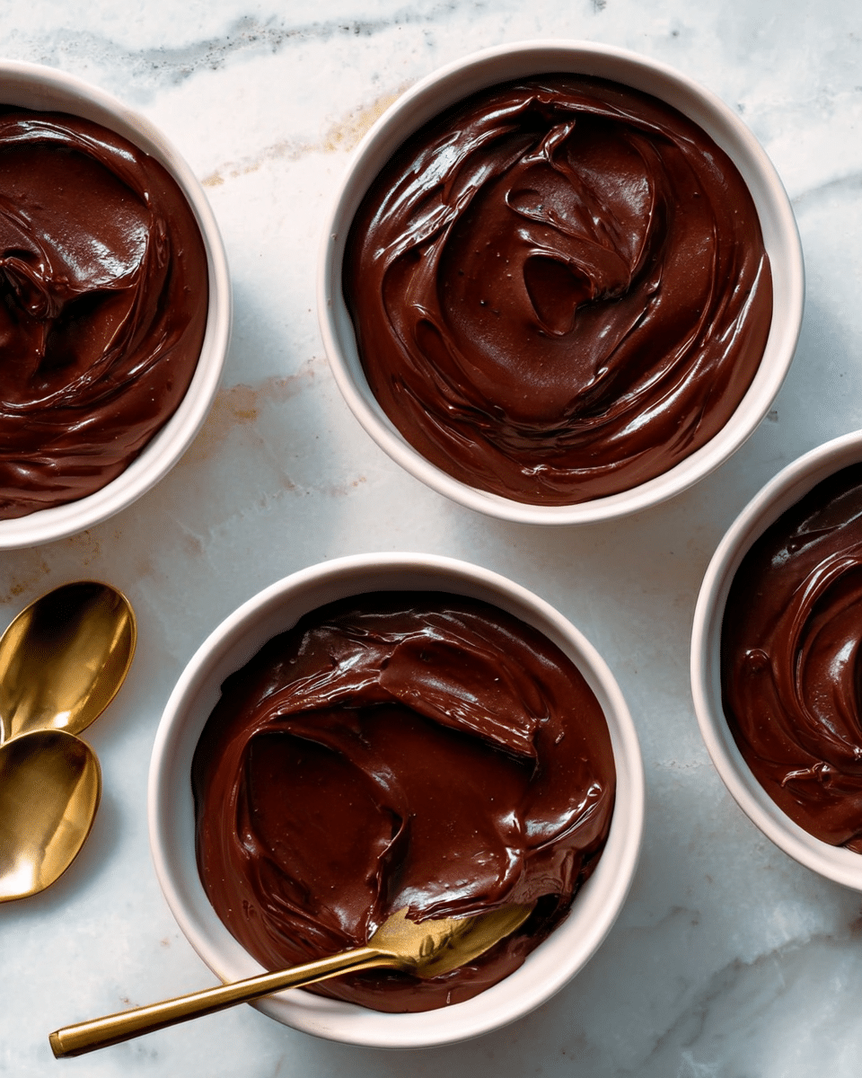The image shows three white bowls filled with smooth, glossy dark chocolate mousse. Each bowl is filled with one thick layer of shiny, rich chocolate mousse, with swirled textures on the surface showing light reflections. Two gold spoons rest in the bottom two bowls, slightly covered in mousse, and there is one gold spoon lying beside the top left bowl on the white marbled background. The overall look is creamy and rich with deep brown tones. photo taken with an iphone --ar 4:5 --v 7