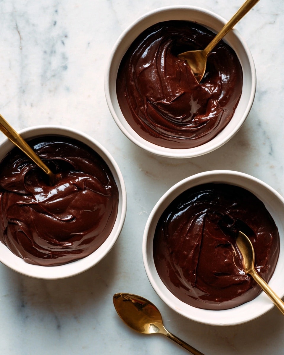 Three white bowls filled with smooth, glossy dark chocolate pudding are arranged on a white marbled surface. Each bowl shows a thick, rich pudding layer with slight swirls on top, giving a creamy texture appearance. Two of the bowls have gold spoons inside, slightly submerged in the pudding, while one gold spoon lies beside a bowl on the surface. The pudding's deep dark brown color contrasts with the clean white bowls and the light background, highlighting its rich consistency. Photo taken with an iphone --ar 4:5 --v 7